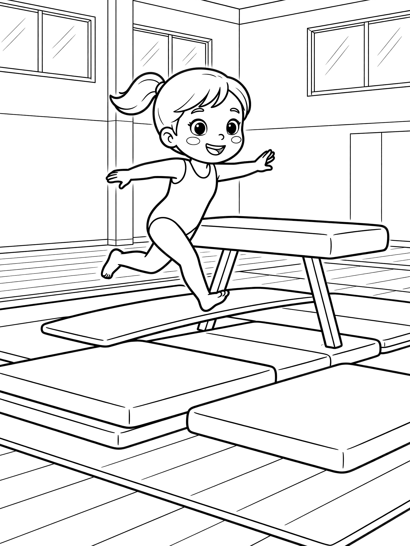 Cartoon girl gymnast running and jumping with knees tucked onto the springboard toward the vault table, surrounded by mats in a gymnasium coloring page