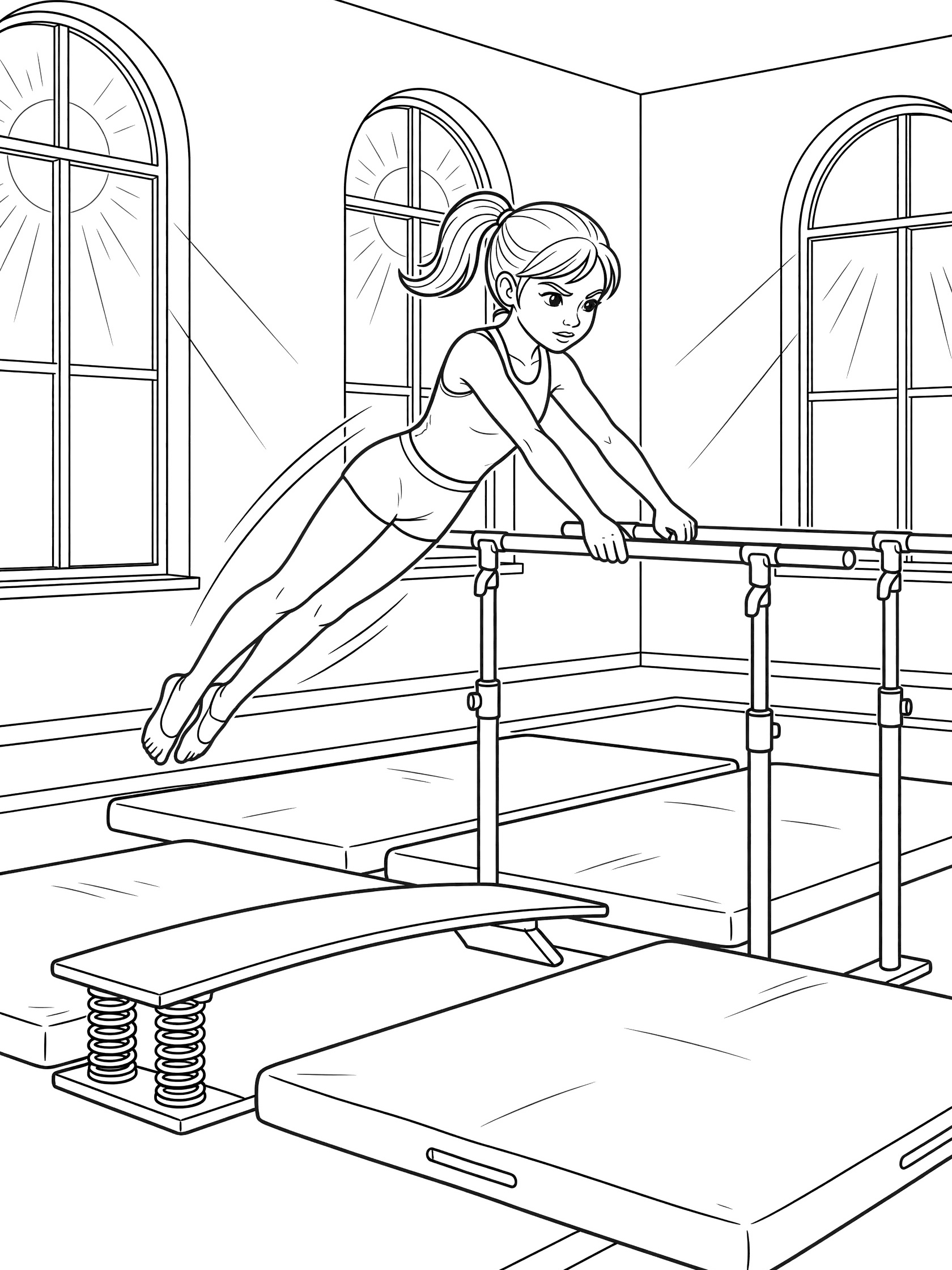 Black and white line art of a determined young gymnast swinging into a kip mount on parallel bars, with springboard, tumbling mats, and gym windows.