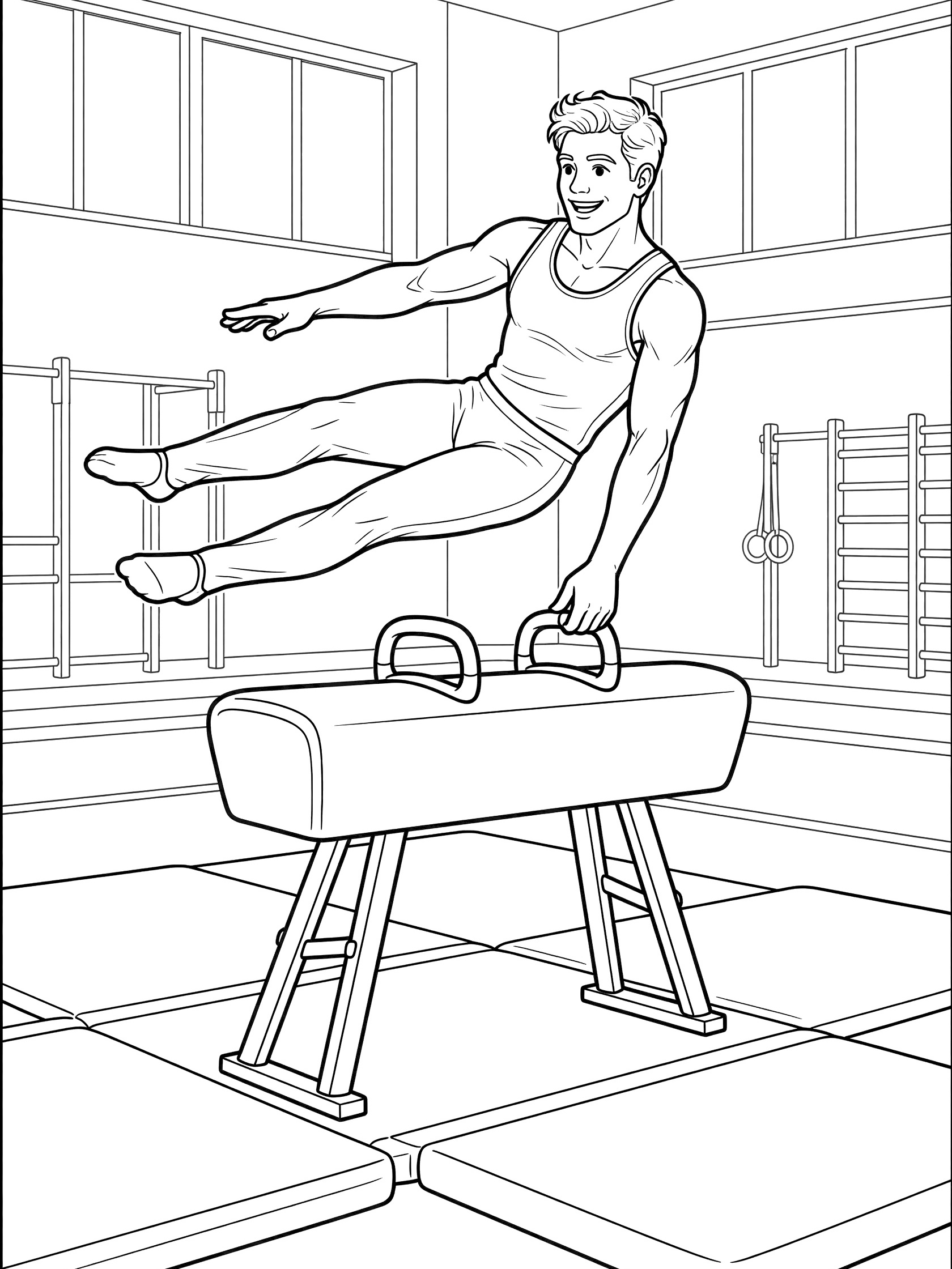 Black and white line art of male gymnast gripping pommel horse handles, swinging both legs around in a gym with mats and equipment.