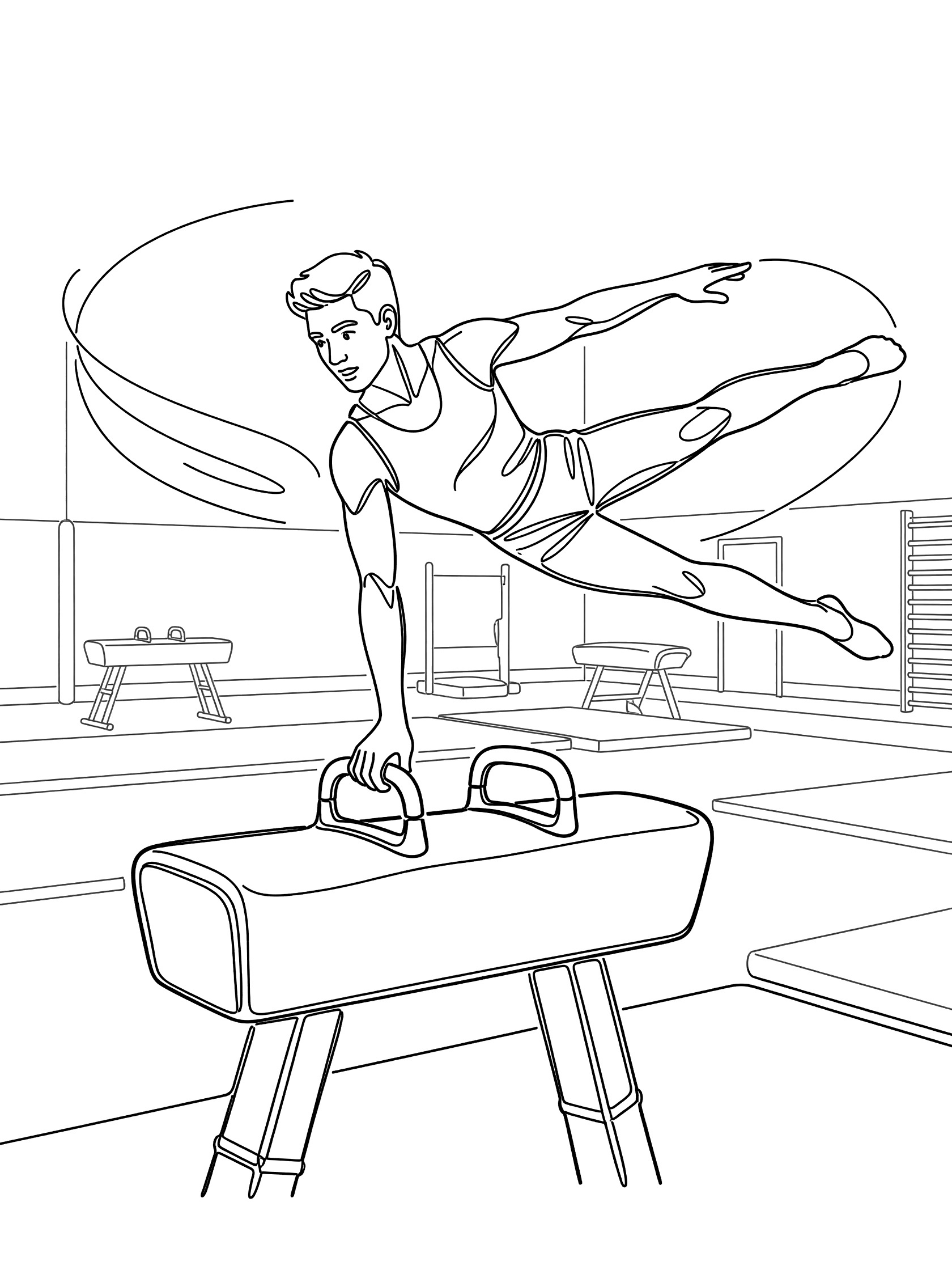 Black and white coloring page showing a male gymnast sideways hand walking around a pommel horse with legs circling, in a gym with vaulting tables.