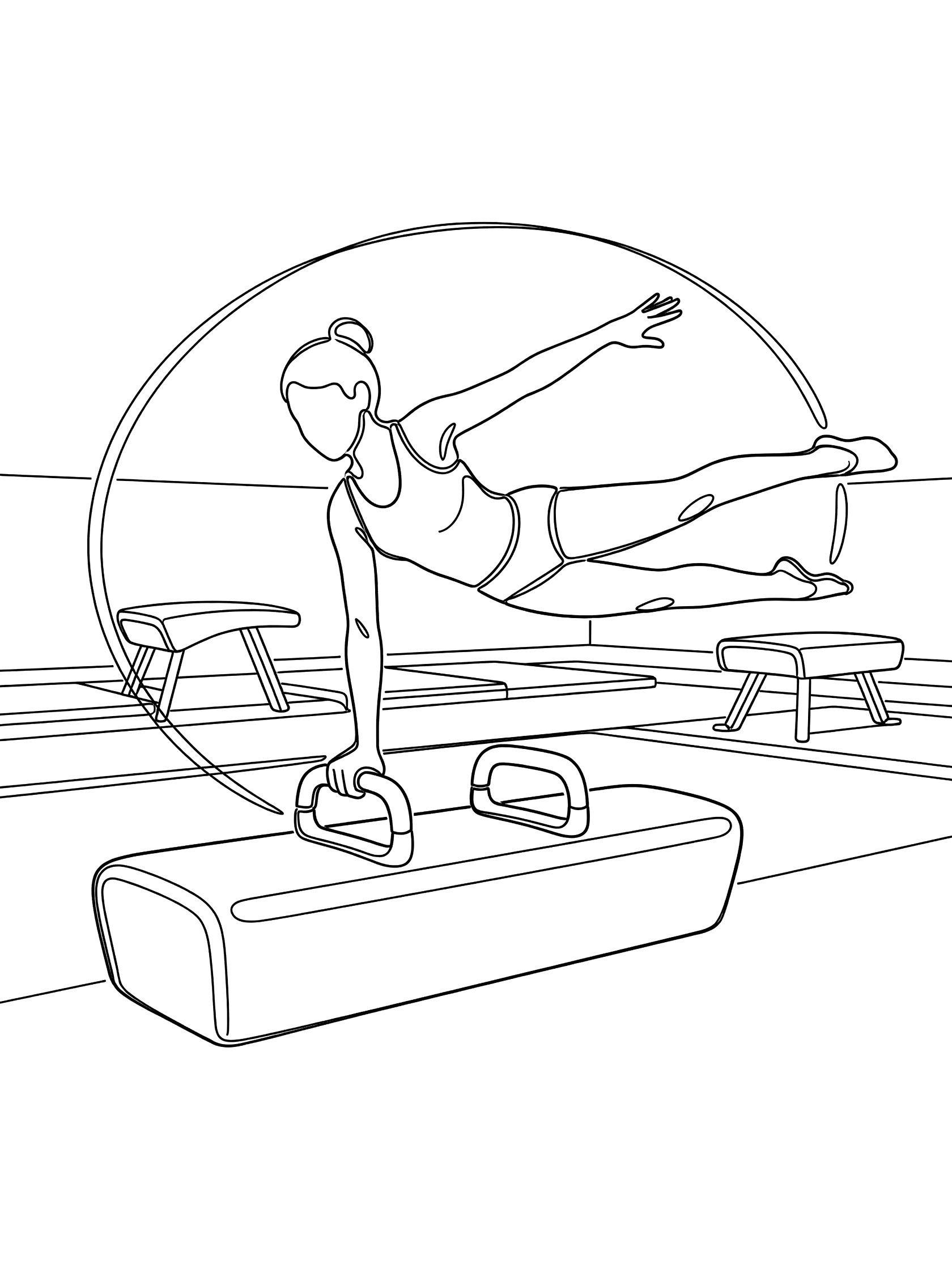 Line art coloring page showing a gymnast in action on pommel horse, hands on handles, body sideways with legs extended in a circle motion.