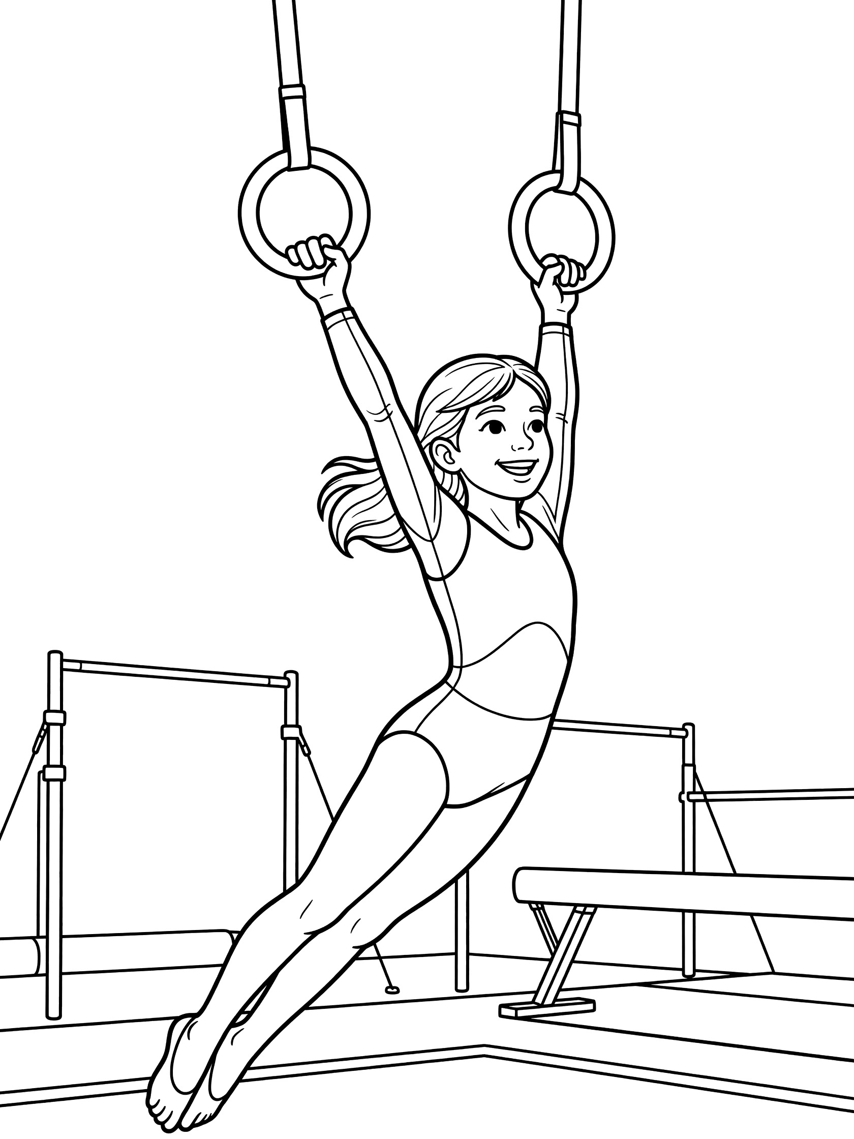 Black and white coloring page showing a gymnast in leotard swinging dynamically on still rings, arms straight, legs forward, in a gym hall.