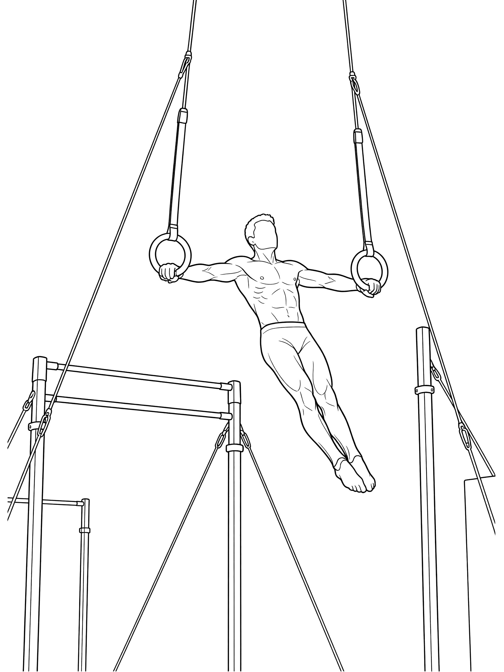 Black and white line art coloring page showing a male gymnast performing Maltese cross on still rings, body low and parallel, arms wide on low rings, legs together, with uneven bars and cables visible.