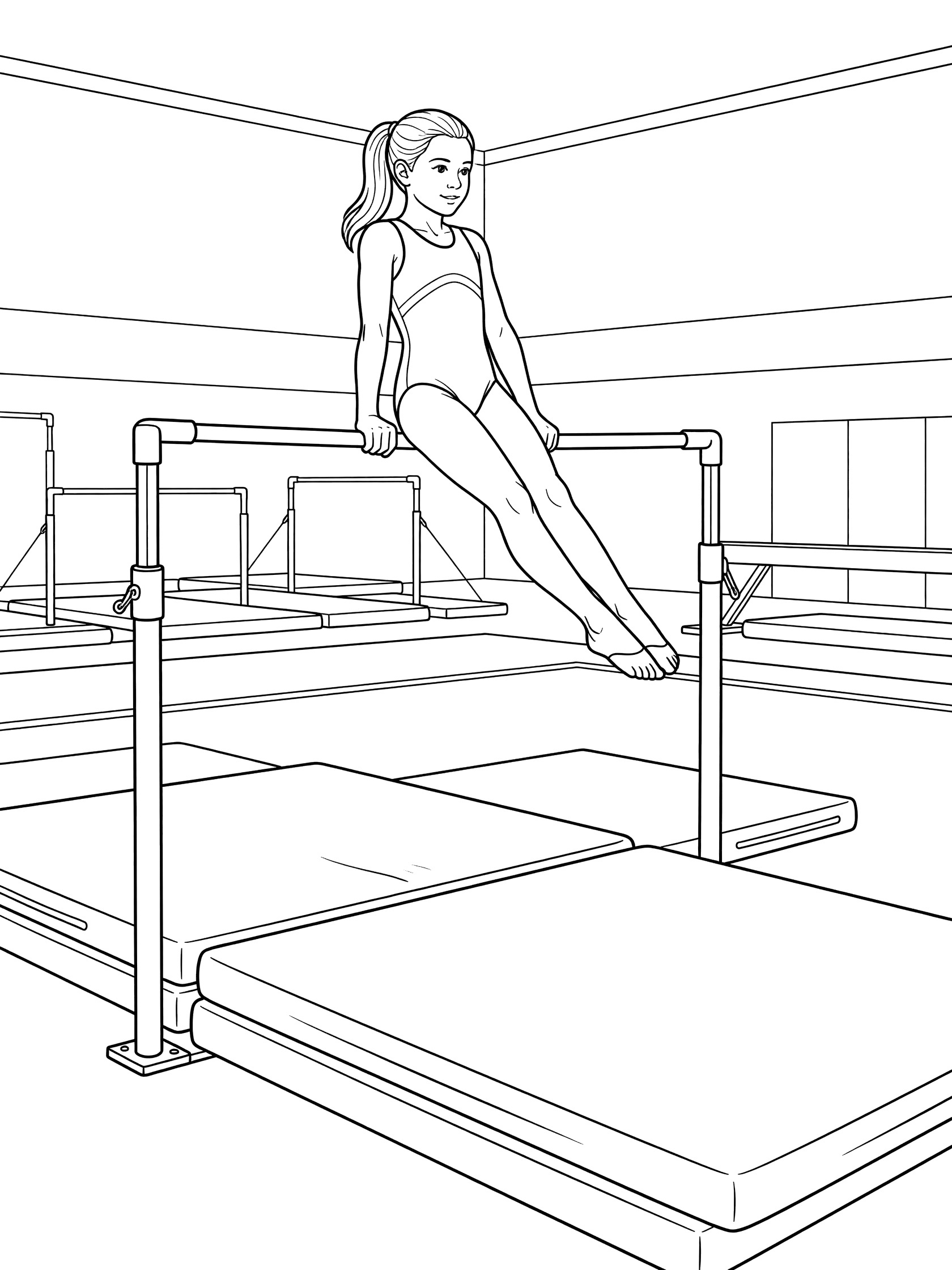 Black and white line art of a girl gymnast in a swing on the low bar of uneven bars with gym mats below