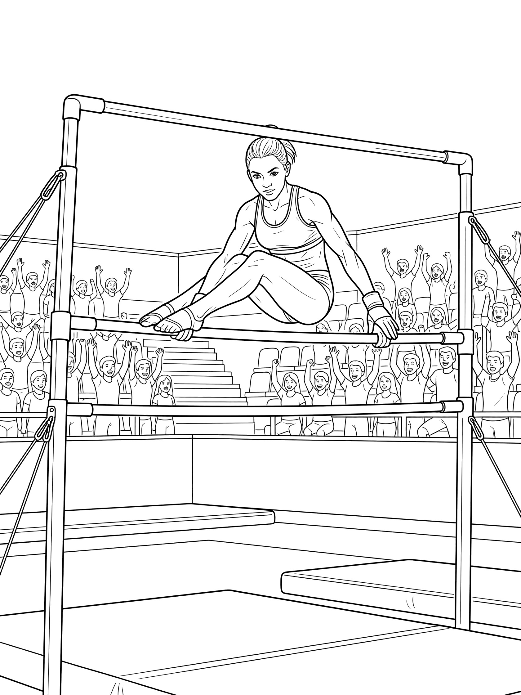 Black and white coloring page showing a female gymnast mid free hip circle on the low bar of uneven bars, with focused face, tucked body, and cheering stands in the background.