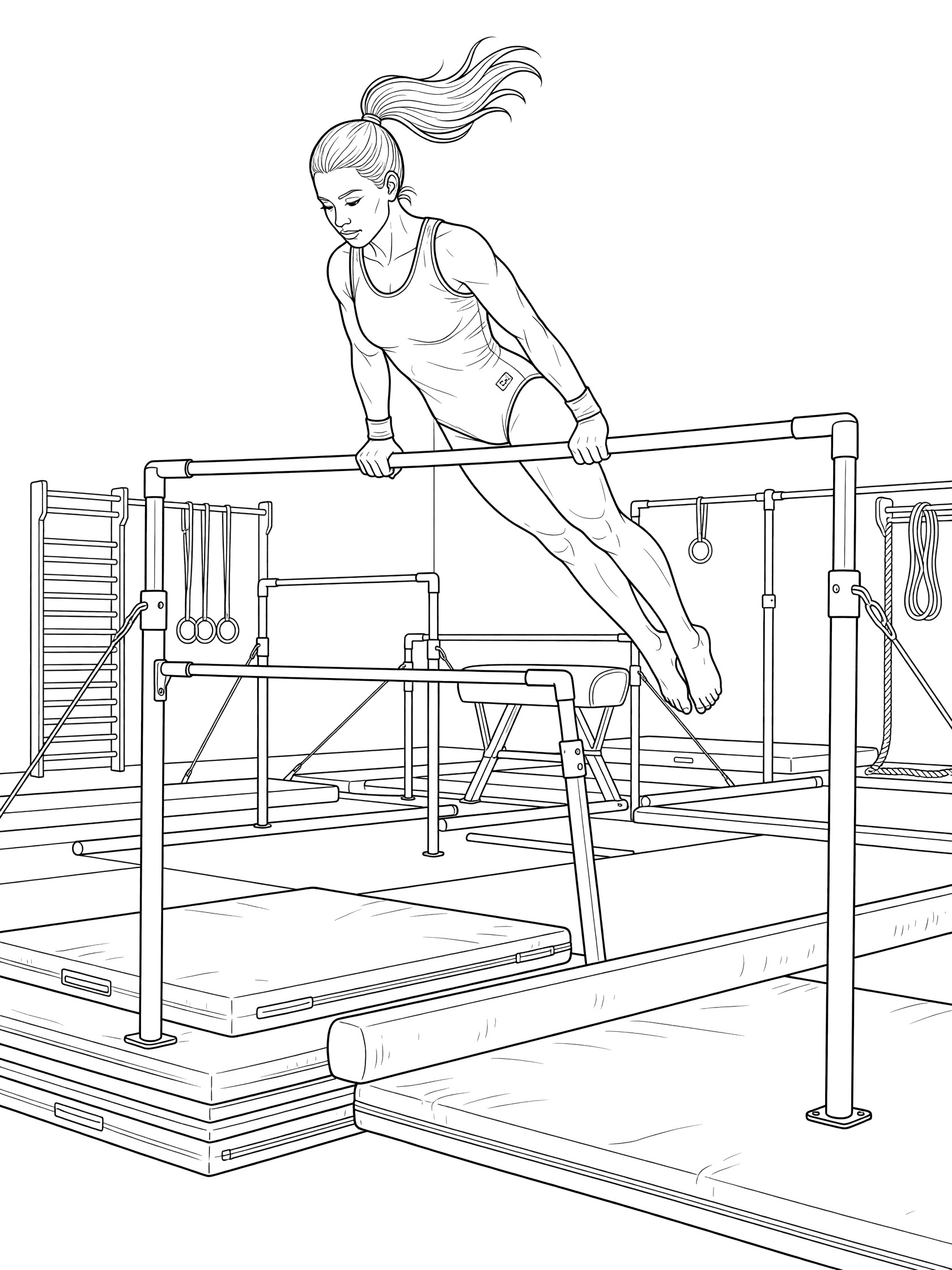 Black and white line art of a female gymnast transitioning giant swing between low and high uneven bars with ponytail flying back.