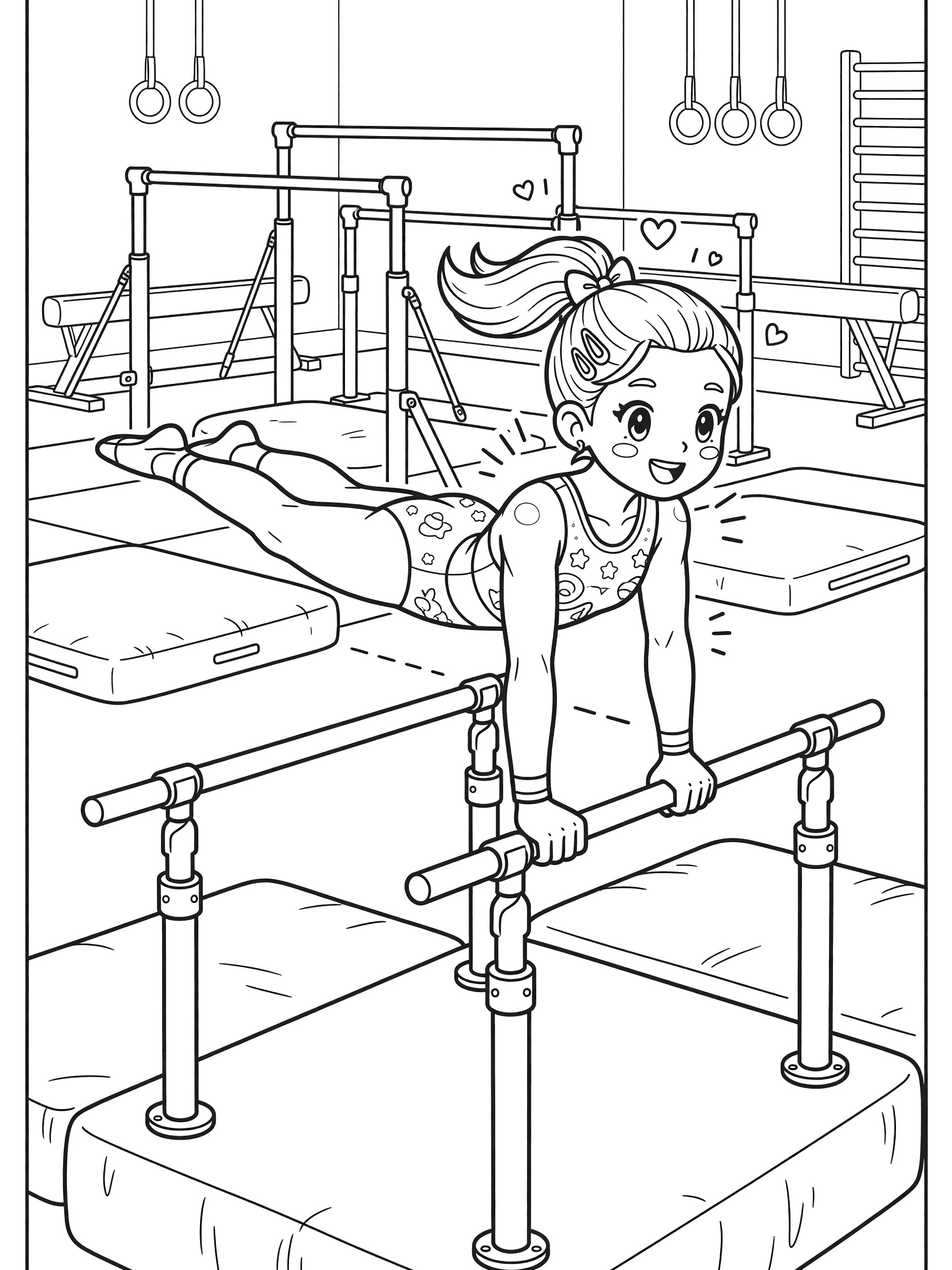Black and white coloring page of a smiling girl gymnast in planche position on parallel bars, with gym equipment like uneven bars and mats around her.