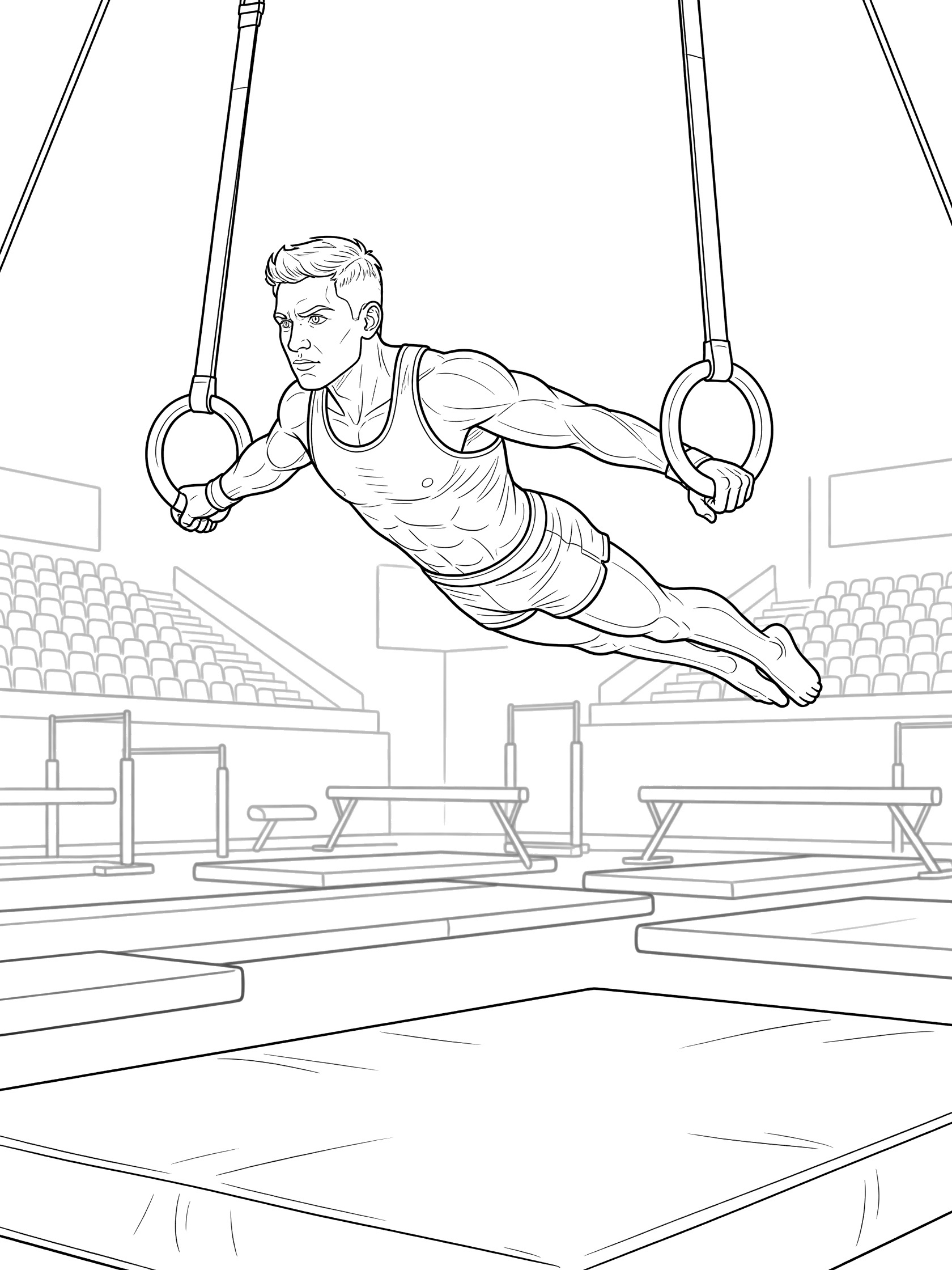 Black and white line art of male gymnast in tank top and shorts performing planche on still rings, body parallel to floor, in competition gym with audience seats and mats.
