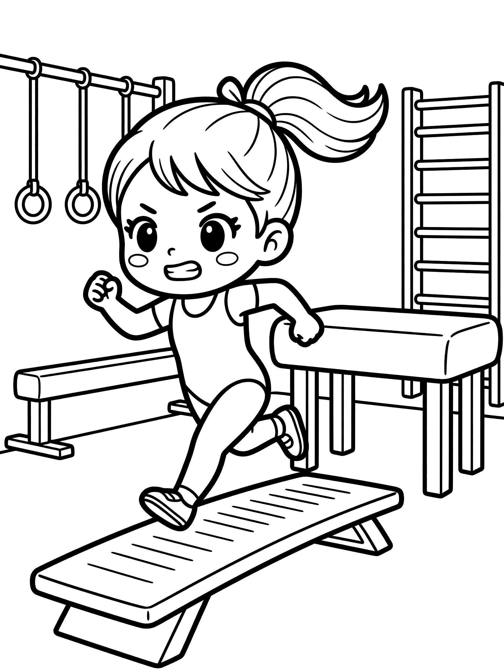 Black and white line art of kawaii gymnast running full speed on springboard toward vault table, arms pumping, determined face, gym background with rings and benches.