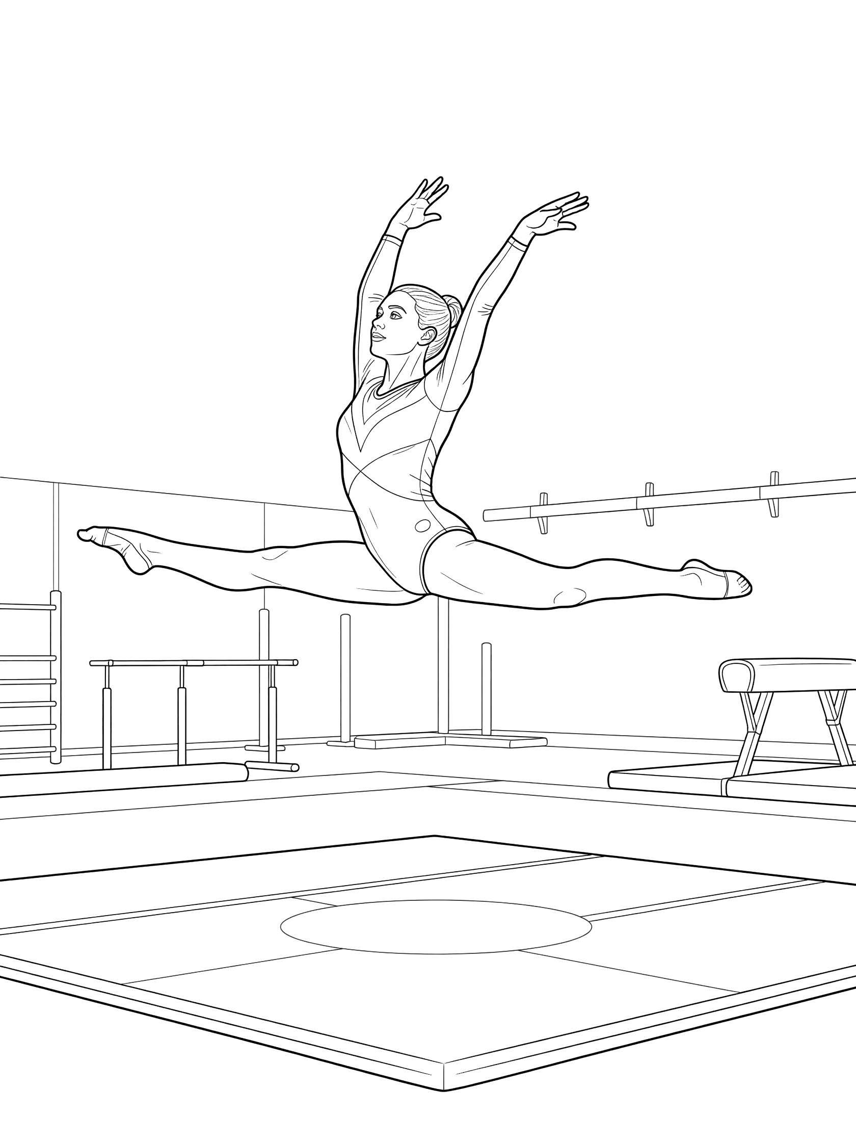 Black and white coloring page showing a gymnast in mid-air split leap during floor exercise on a gym mat with arms overhead.