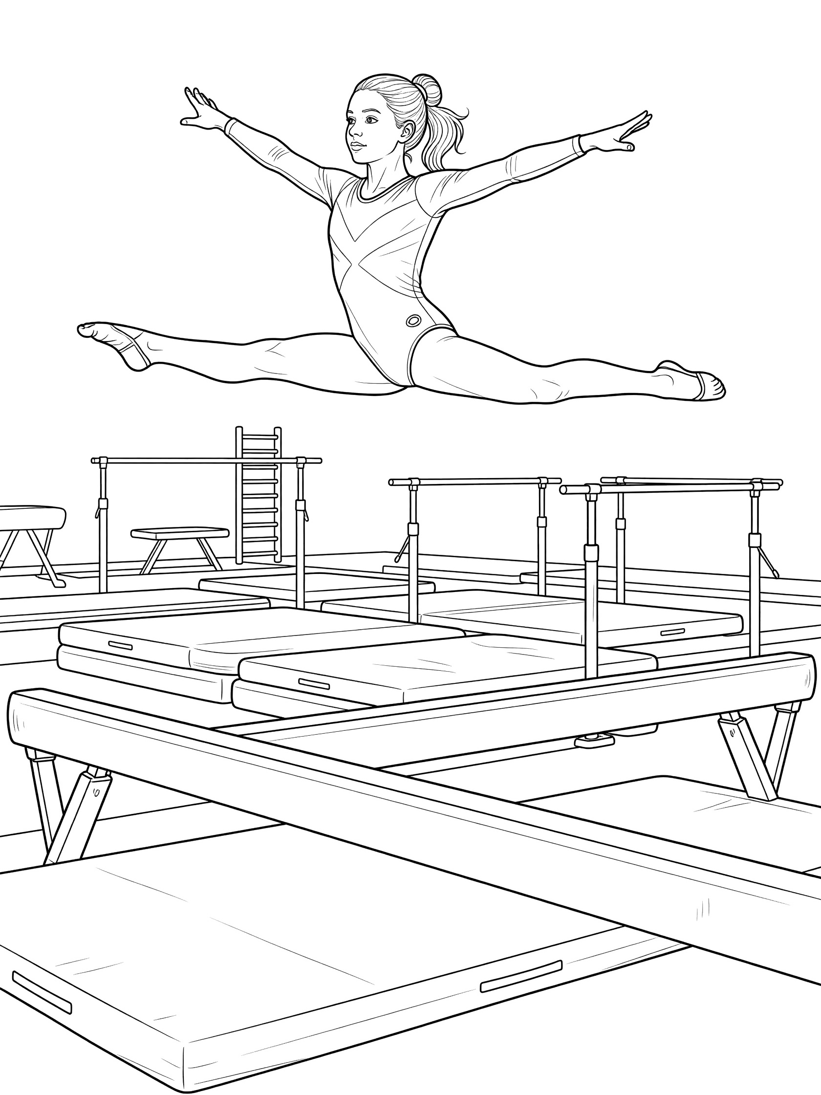Black and white coloring page showing a female gymnast in mid-air split leap above a balance beam, with arms out, ponytail, leotard, parallel bars, and floor mats in a gym.
