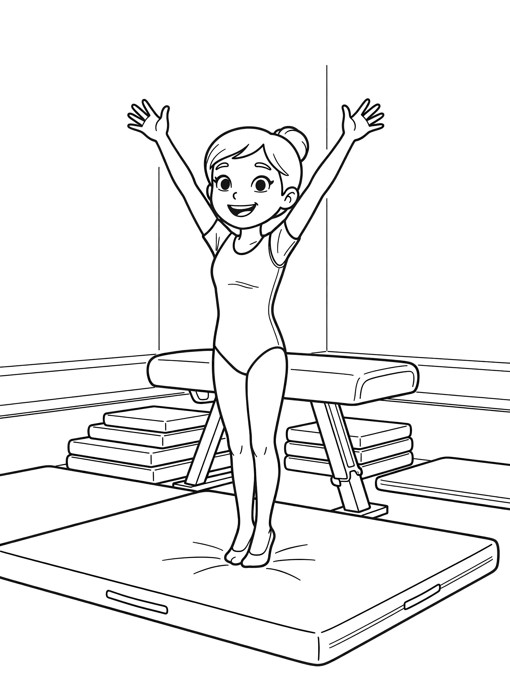 Black-and-white coloring page of a happy gymnast landing a vault with feet together on the mat, arms up, vaulting table behind her in a gym.
