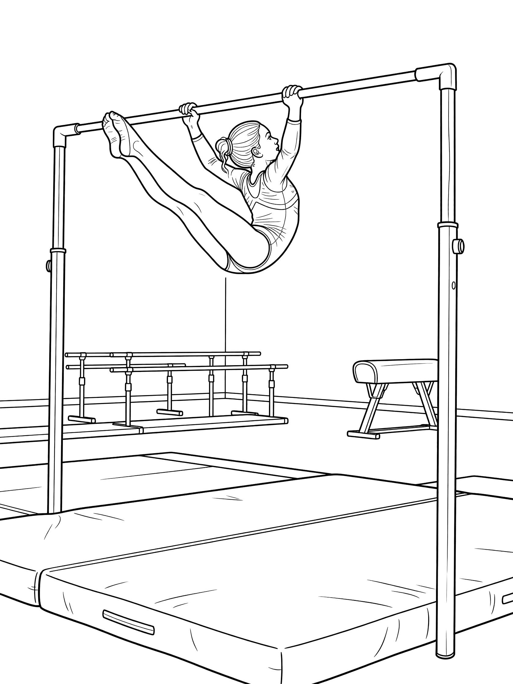 Black and white line art of a girl gymnast in a dynamic swing around the horizontal bar, with legs straight, arms gripping tight, gym mats below, and background equipment.