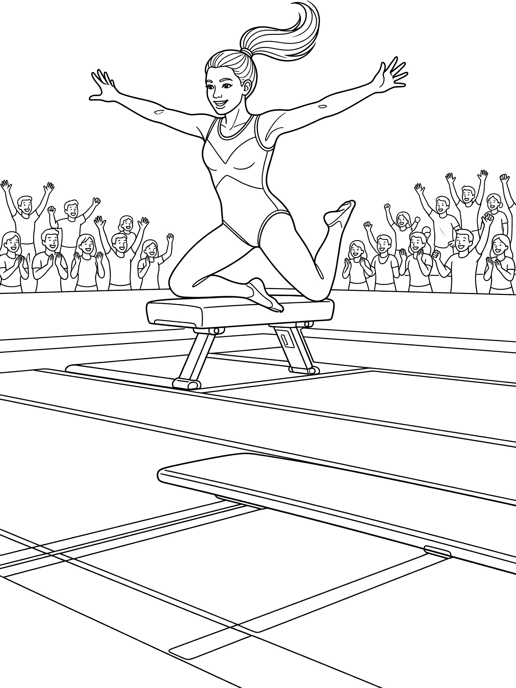 Line art coloring page showing a female gymnast with ponytail twisting her body mid-air during Vault dismount, arms out for balance, vault table and springboard below, cheering spectators in background.