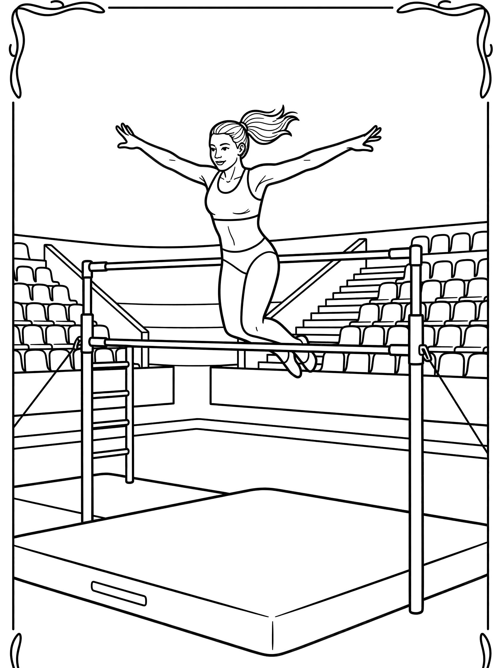 Black and white line art coloring page showing a female gymnast leaping from horizontal bar with arms out, body twisting, above gym mat and cheering stands.