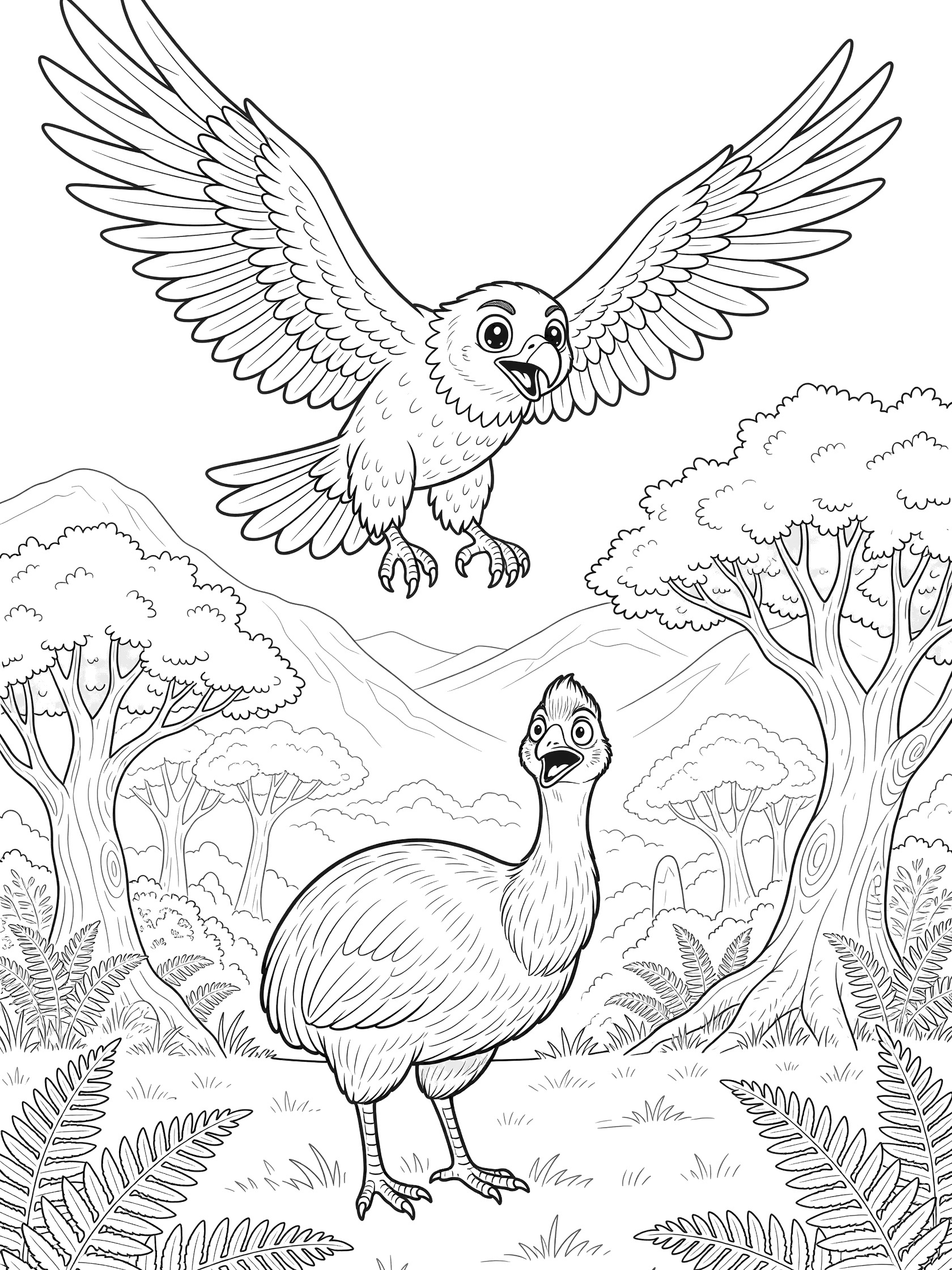 Black-and-white coloring page of a Haast Eagle with sparkling eyes and spread wings diving playfully at a tall-necked surprised Moa bird amid ancient trees and ferns in New Zealand forest.