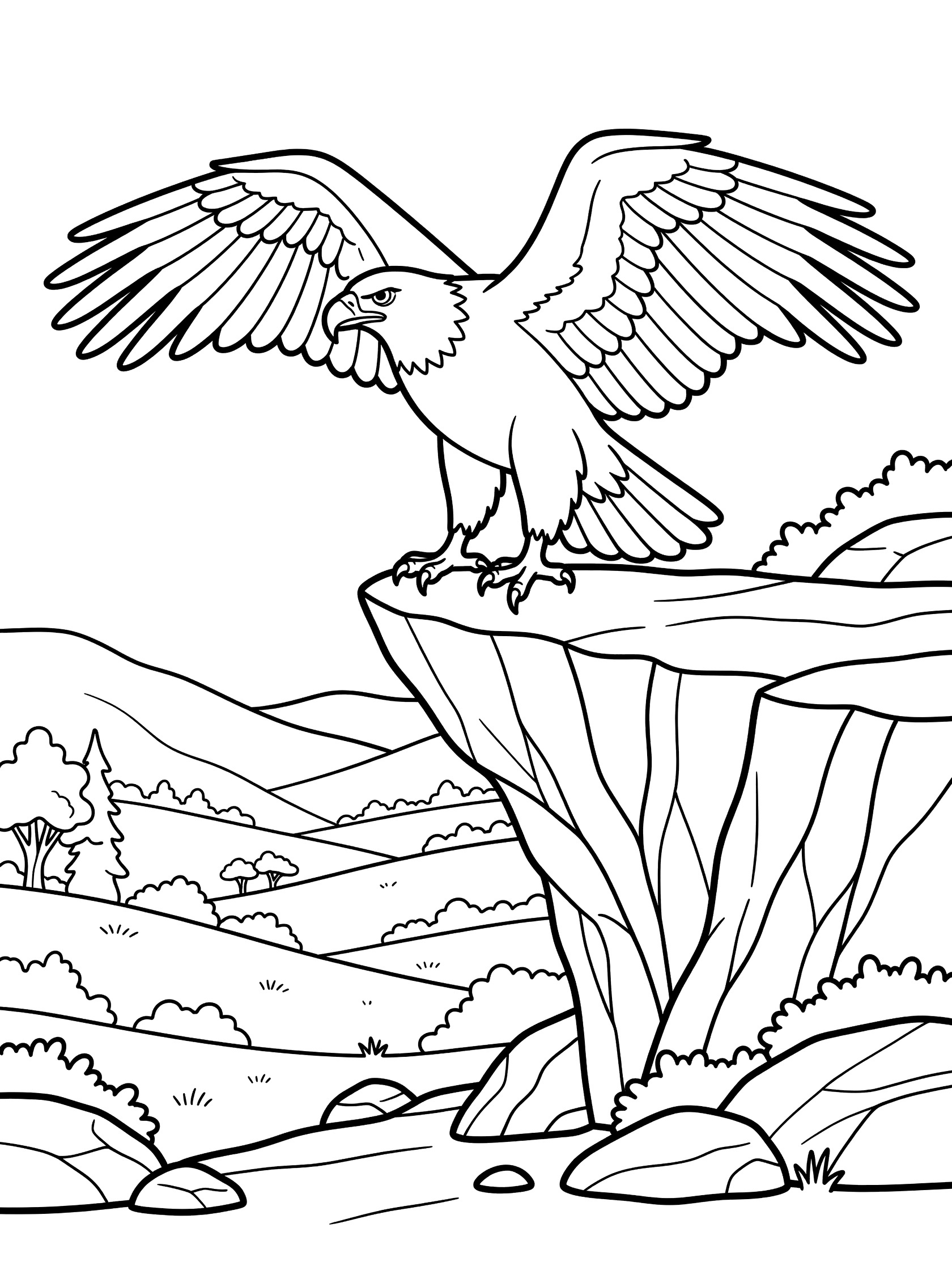 Black-and-white coloring page of a Haast Eagle gripping a jagged cliff edge with wings spread, valley and hills in the background.