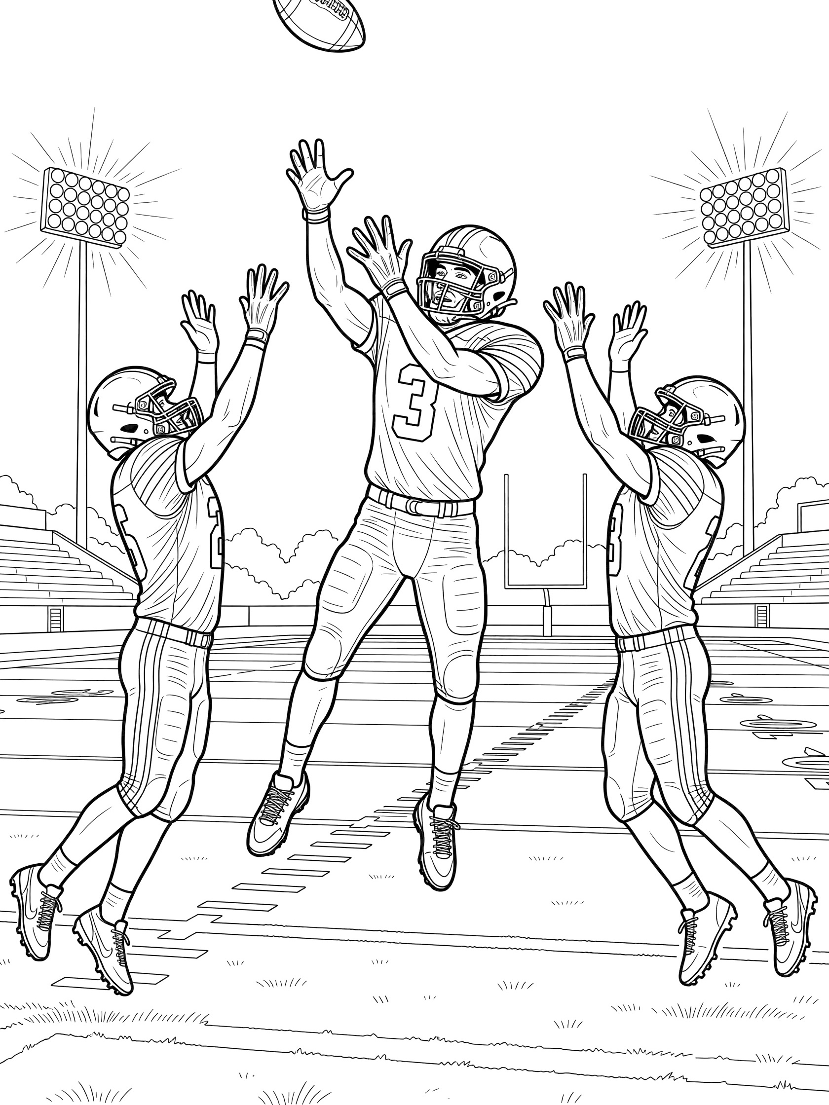 Black and white coloring page of a football player in jersey number 3 jumping to catch a high Hail Mary football while two defenders reach up in the stadium end zone.