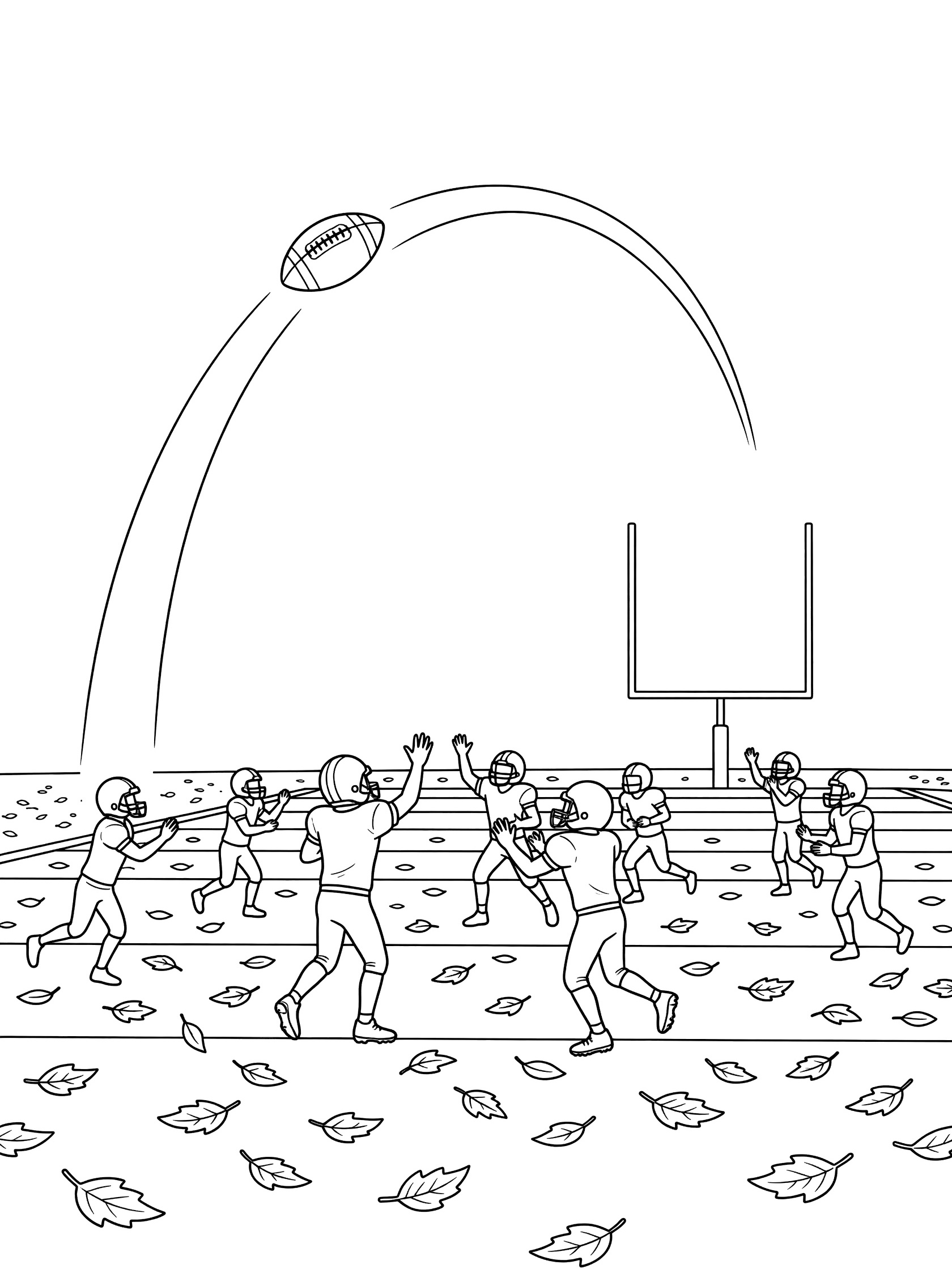 Black-and-white line art of a Hail Mary football spiraling in an arc above defenders reaching up on an autumn field with leaves and goalposts.