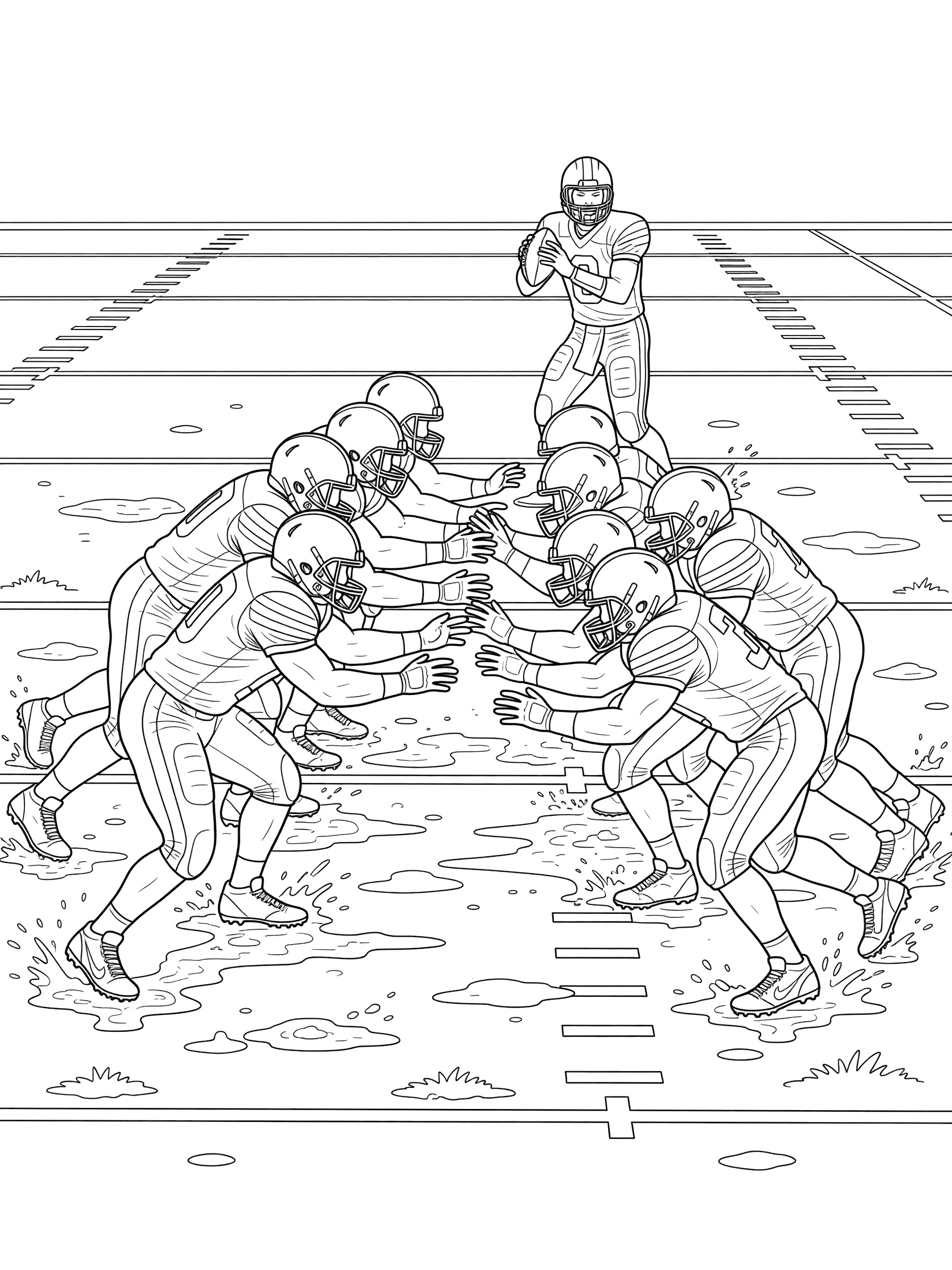 Black and white coloring page of a Hail Mary football play showing teammates blocking for the quarterback on a rainy muddy field with puddles and yard lines.