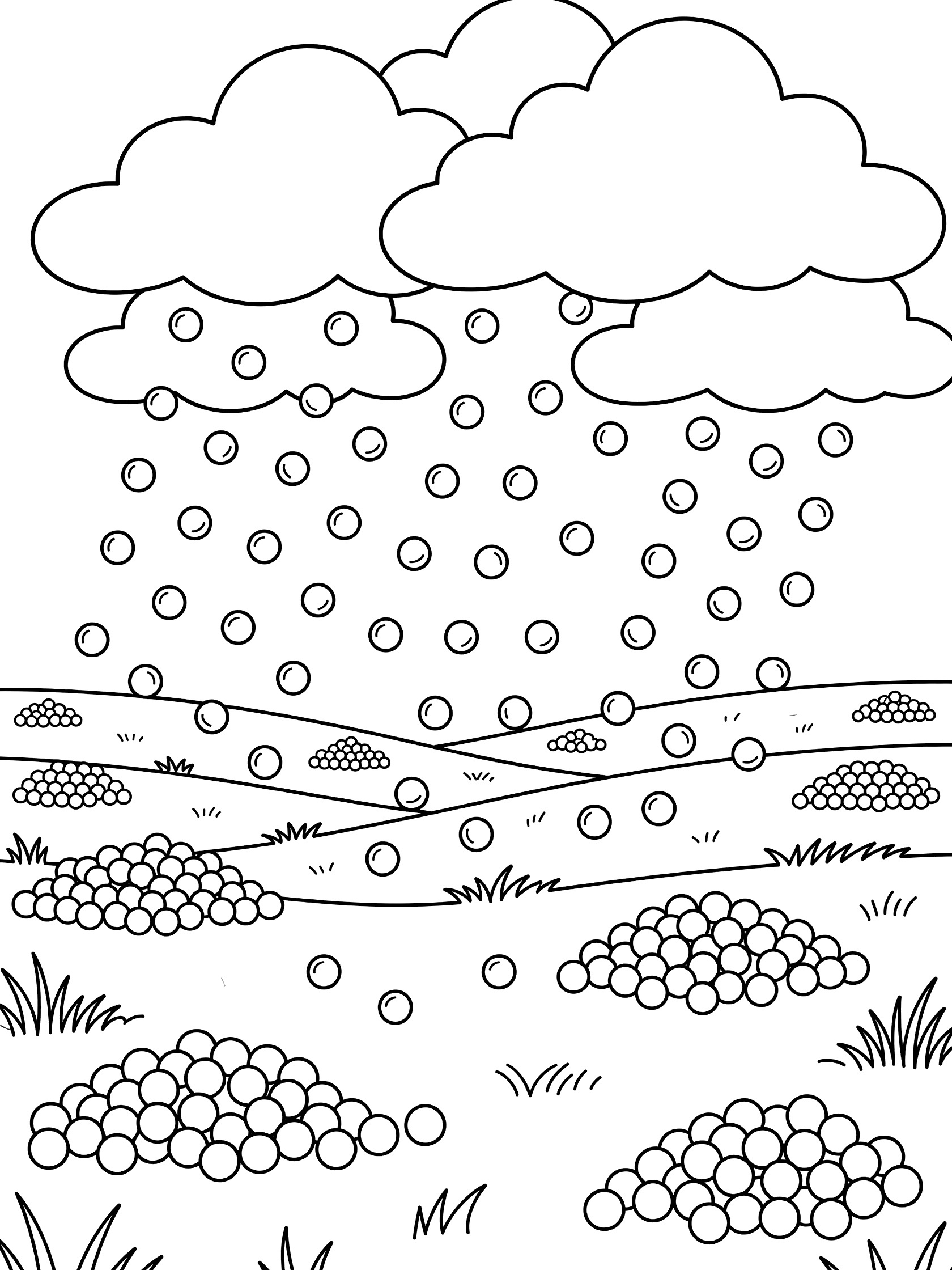 Black and white line art coloring page showing large puffy clouds with round hailstones falling and piling up on simple grass patches in an open field. Thunderstorm themed black and white printable line art