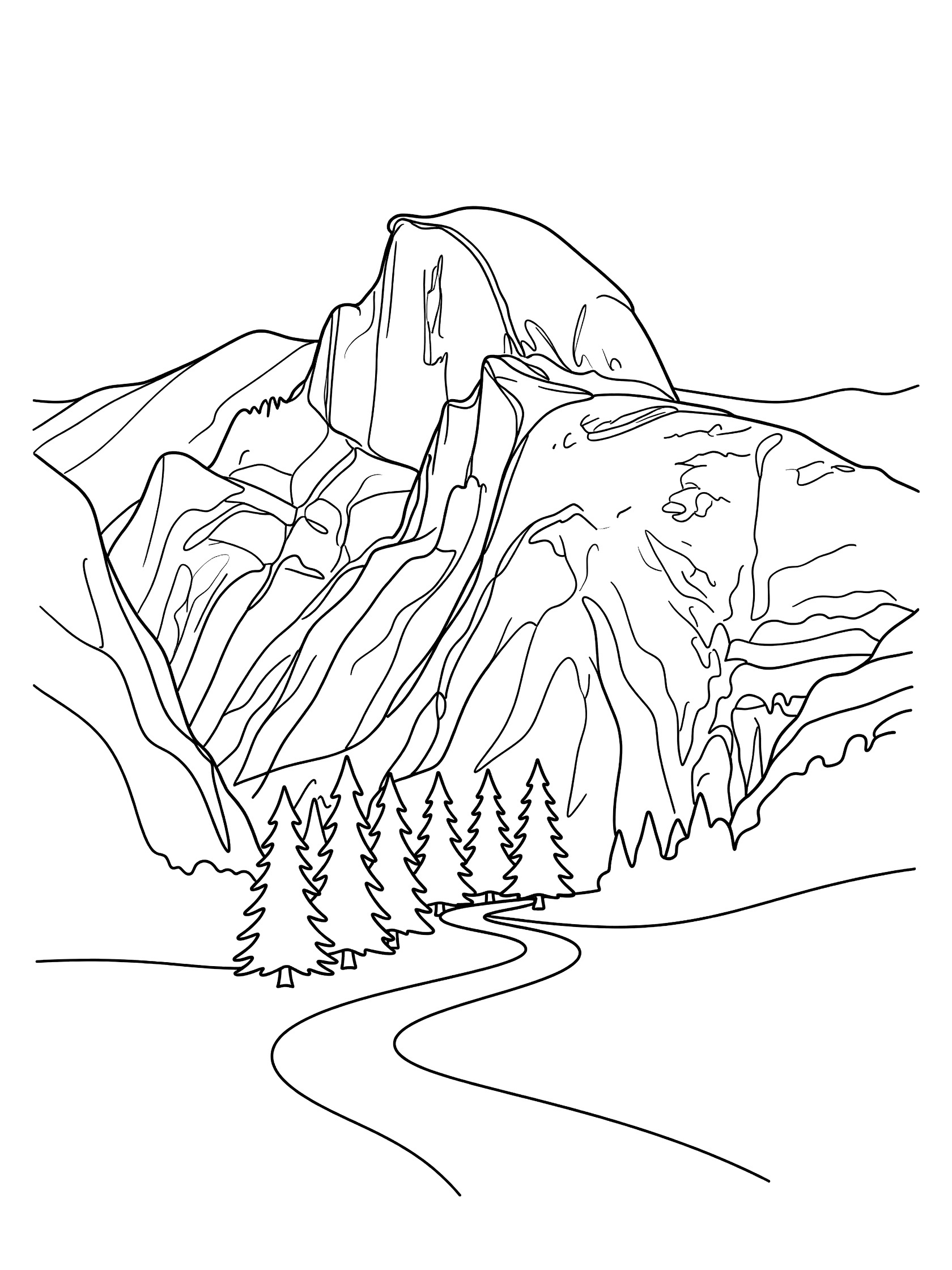 Black and white coloring page of tall Half Dome mountain with pine trees in front and a curved path leading to it.