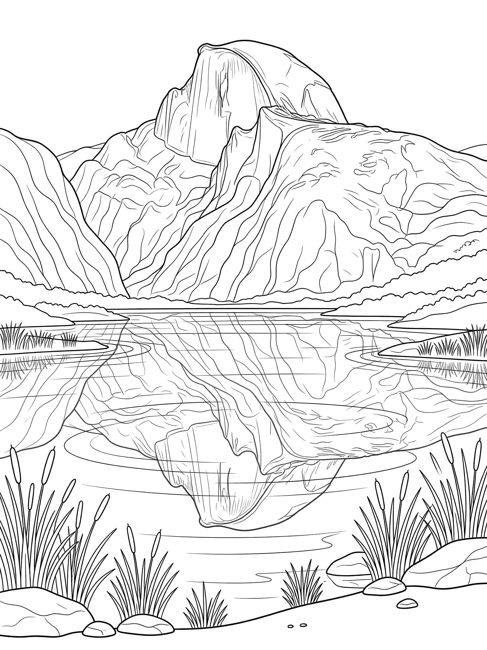 Black and white line art coloring page showing a tall dome-shaped mountain reflected perfectly in a still lake, with reeds, rocks, and gentle ripples along the water's edge.