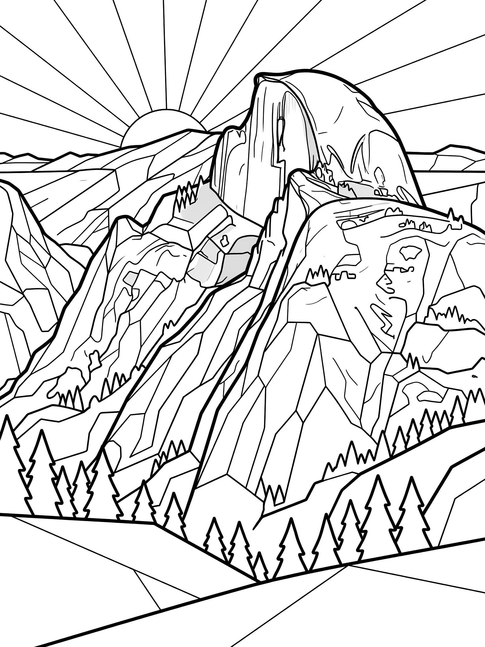 Black and white coloring page of Half Dome mountain with angular dome shape, sun rays shining down, surrounding peaks, and simple tree outlines.