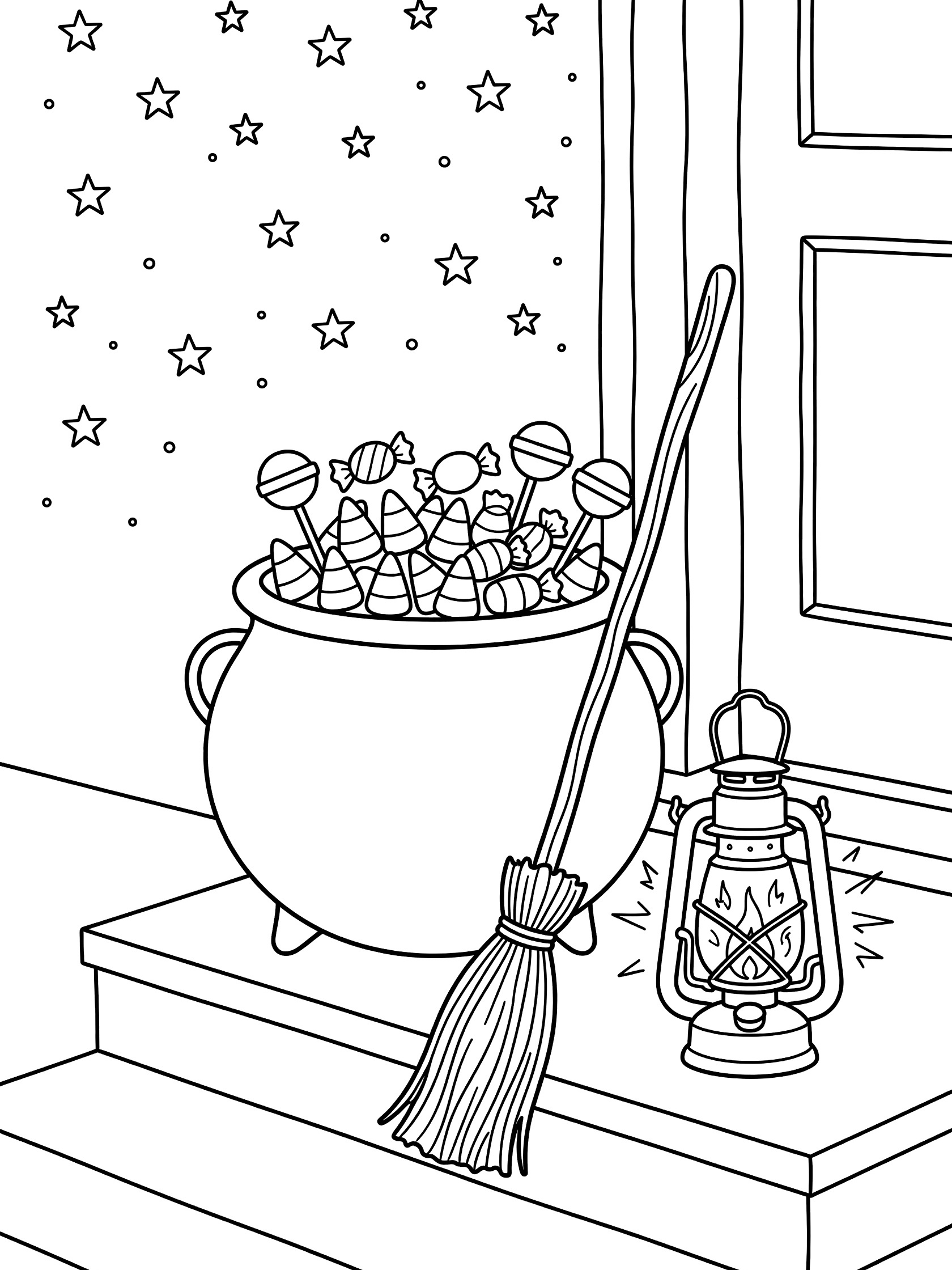 Whimsical line art coloring page showing a large cauldron full of Halloween candy on a doorstep, broomstick propped up, flickering lantern and stars in the night sky.