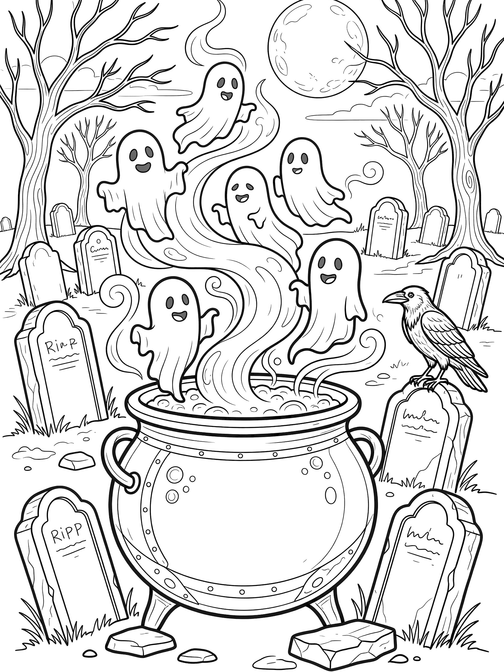 Black and white line art of a big cauldron bubbling with steam, friendly ghosts emerging in a Halloween graveyard with full moon, crooked tombstones, bare trees, and a raven.