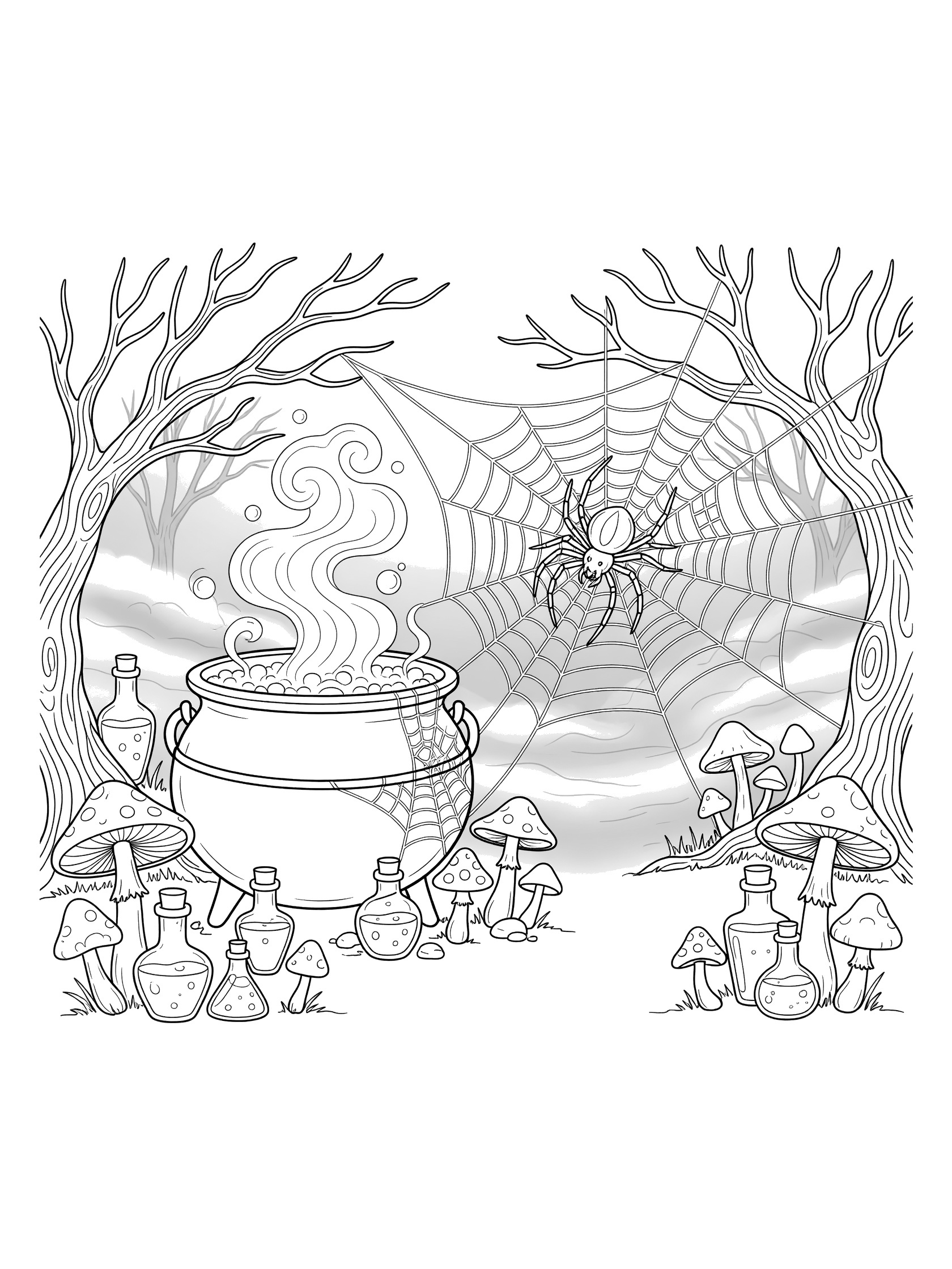 Black and white line art coloring page showing a spider on a web beside a witch's cauldron, surrounded by mushrooms, potion bottles, and spooky trees.