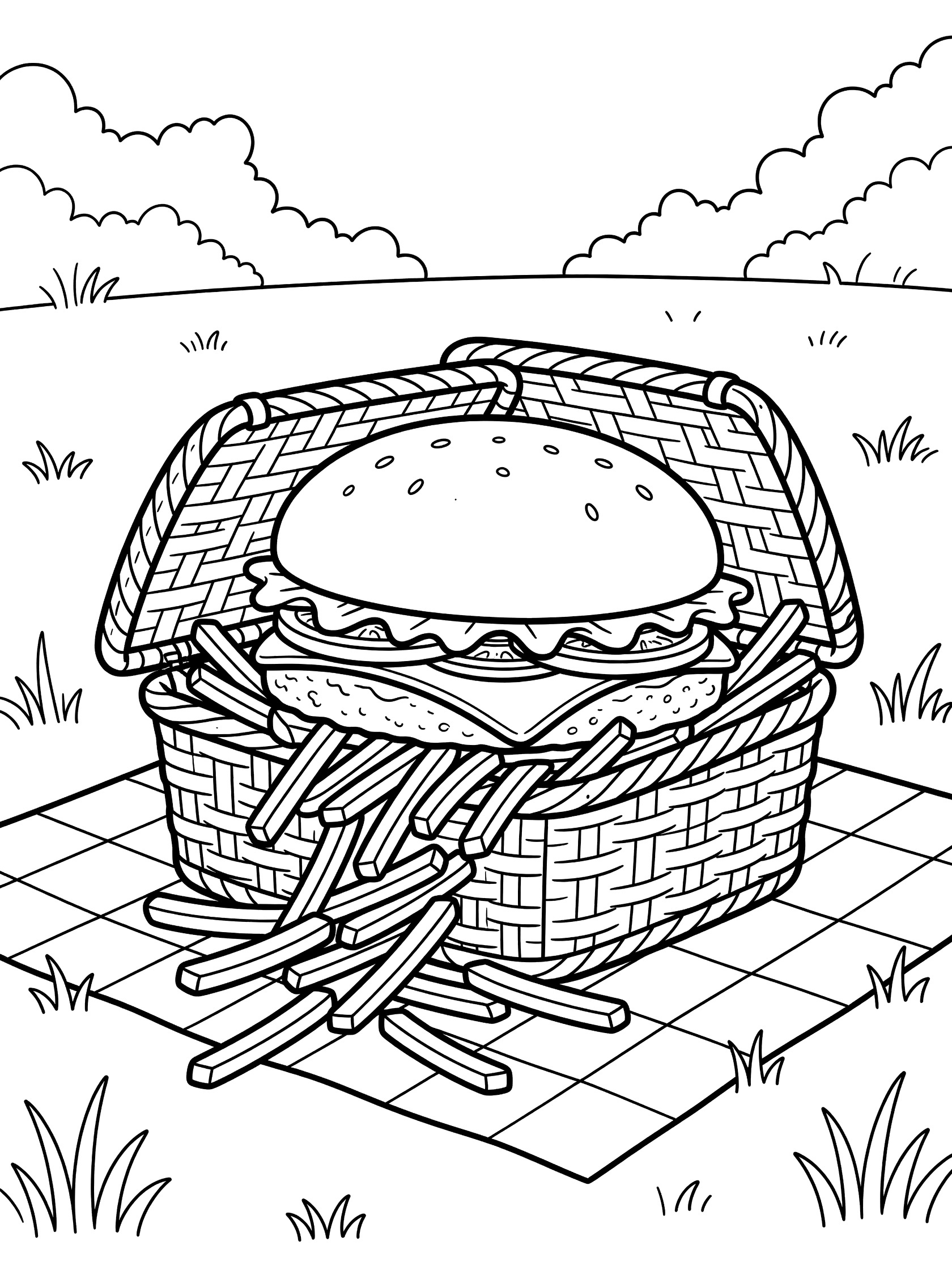 Black-and-white line art of a large layered hamburger and french fries tumbling out of a picnic basket on a checkered blanket with grass in a park meadow.