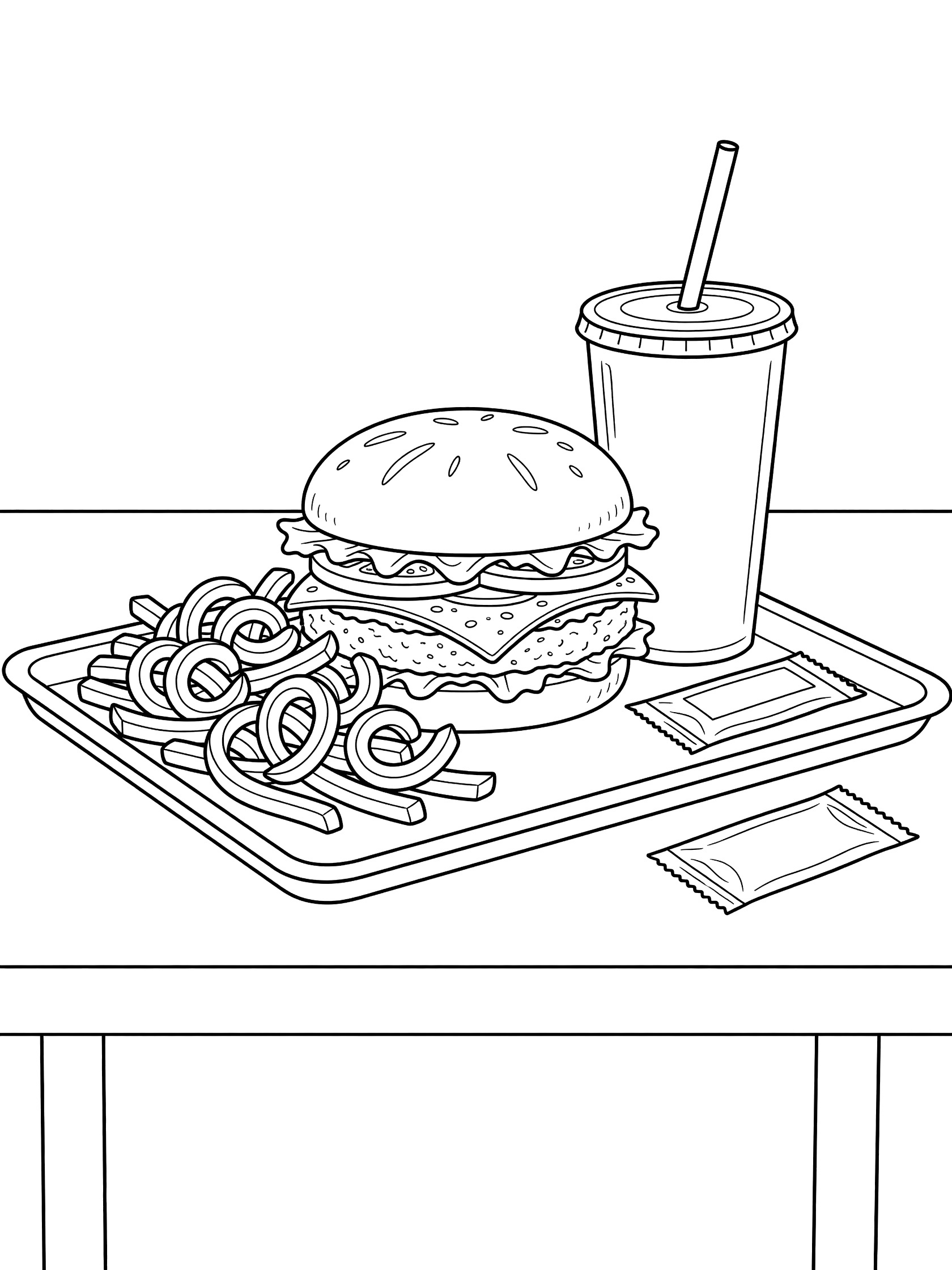Black-and-white coloring page showing a plump hamburger with bun and toppings, pile of curly fries, soda cup with straw, and ketchup packet on a red fast food tray