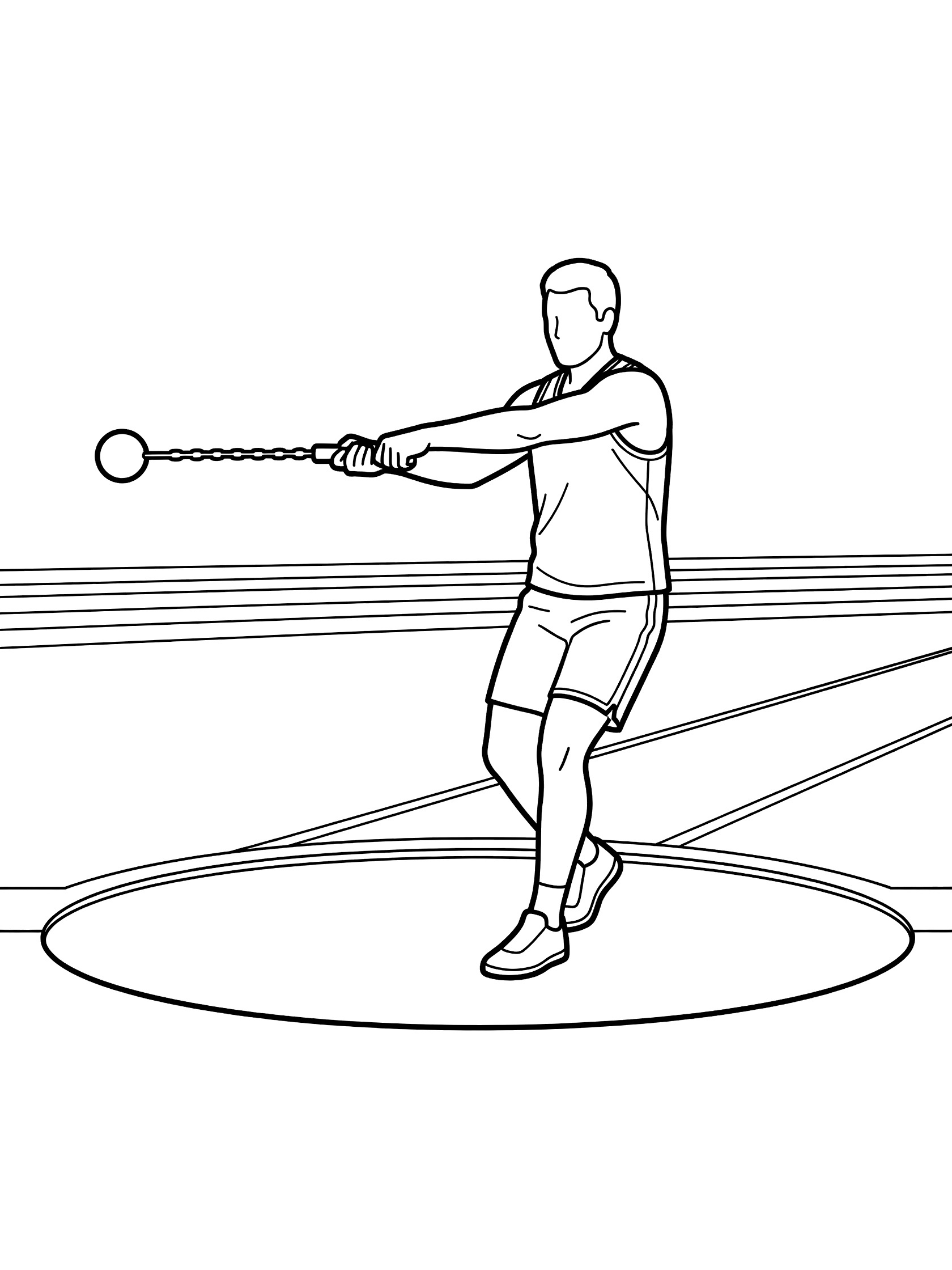 Black and white line art of hammer throw athlete in spinning action, holding chain and ball, on athletic field circle