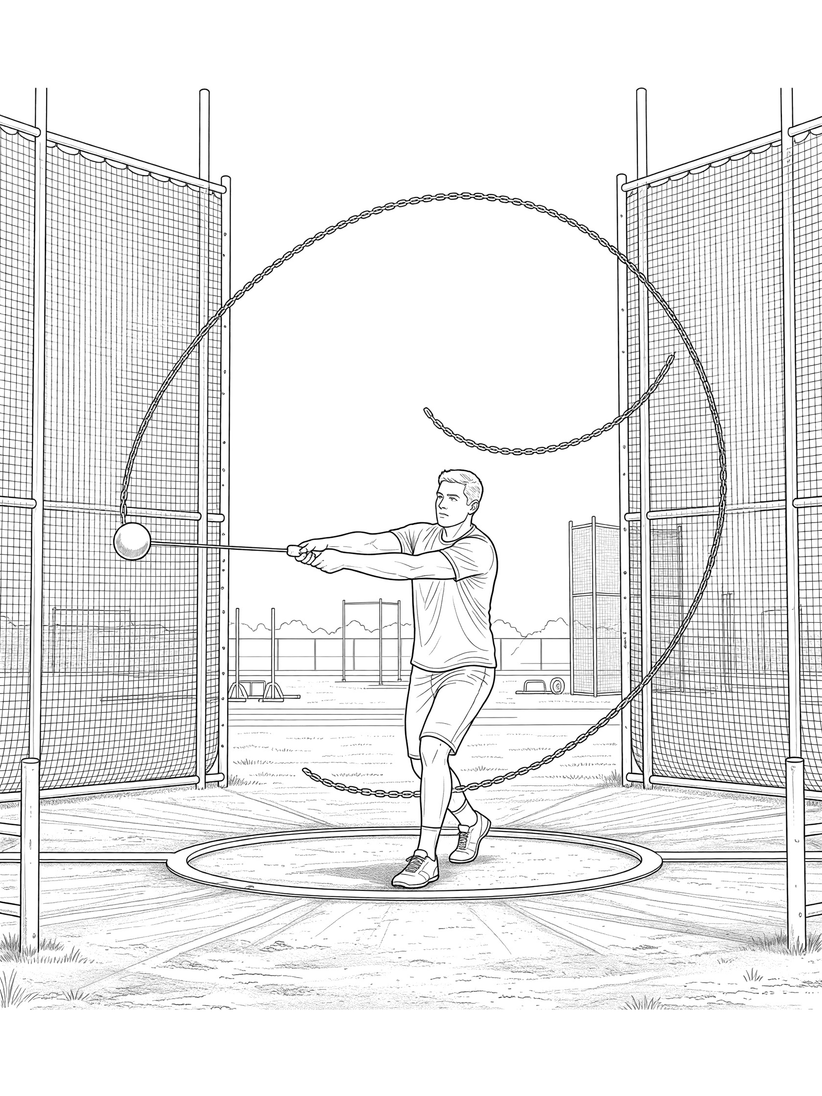 Black and white line art of hammer throw athlete in training cage practicing grip with looping hammer chain, safety nets, and ground circle.