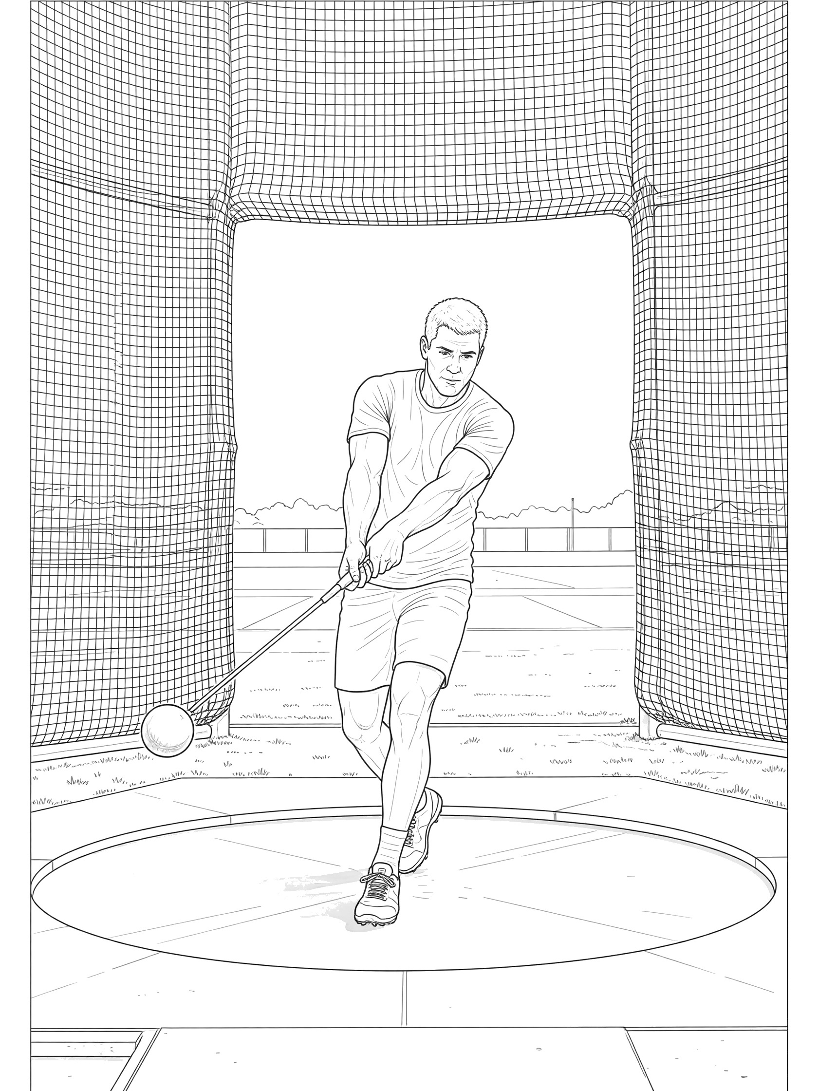 Black and white line art of hammer throw athlete in training cage holding hammer by the chain in preparatory swing on the circle.