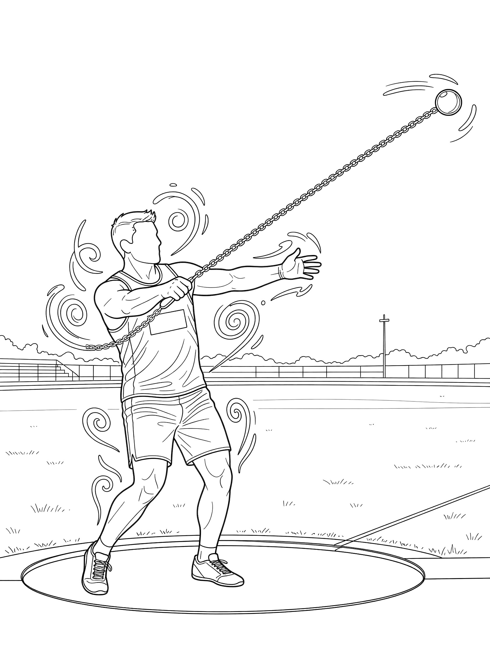 Line art coloring page showing hammer throw athlete in throw circle with hammer arcing in mid-flight across field, motion lines and track stadium background
