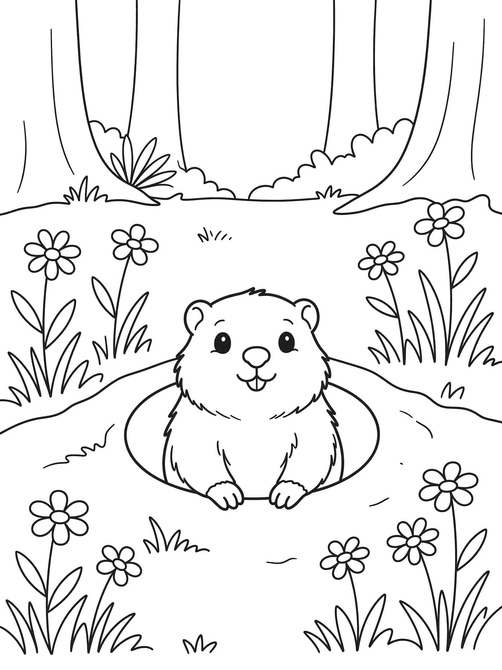 Black and white line art coloring page showing a hamster with big eyes peeking from a round burrow hole surrounded by grass, flowers, and forest trees. Woodchuck themed black and white printable line art
