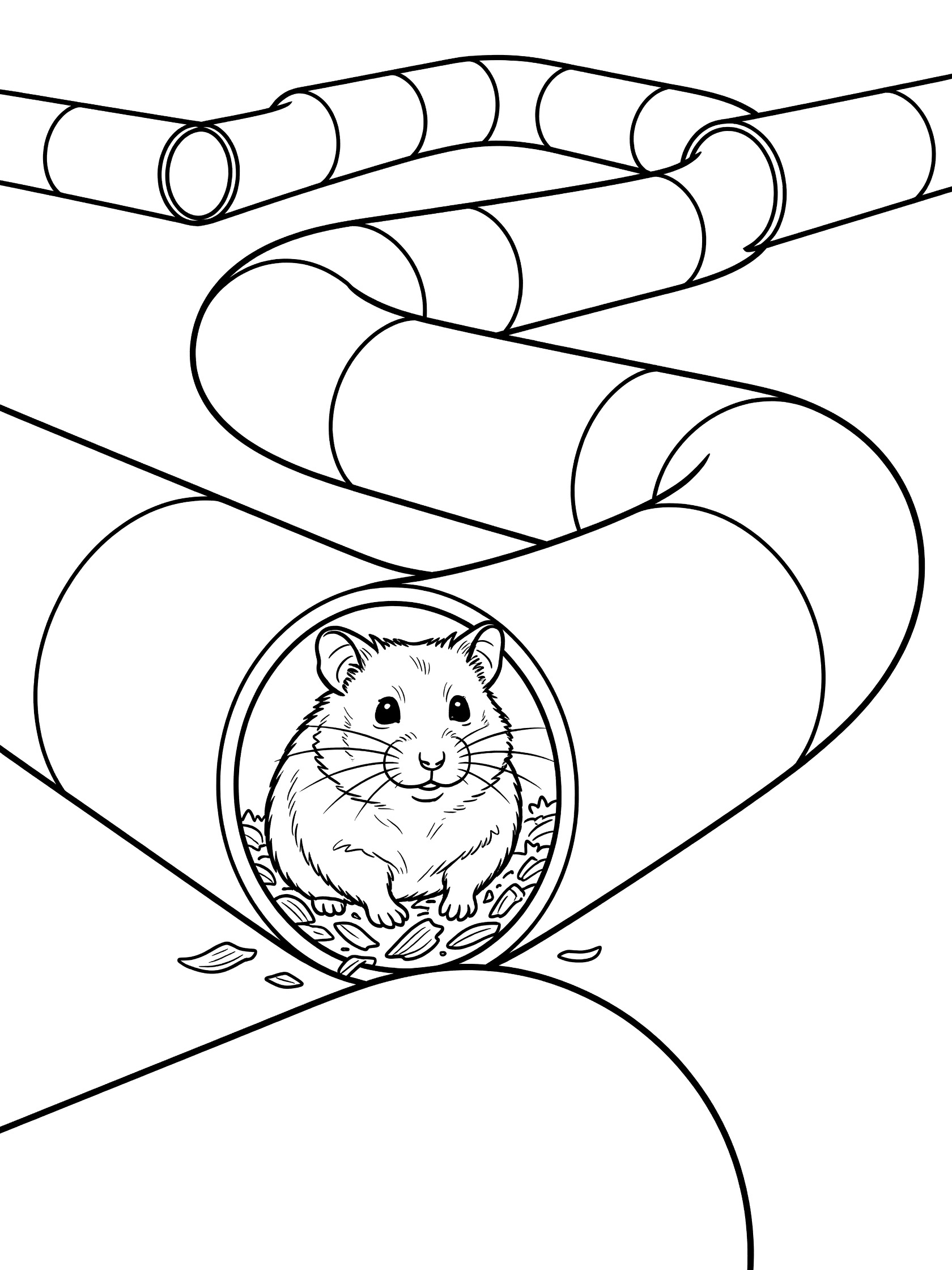 Black and white line art coloring page showing a hamster with whiskers and round ears peeking from a curved plastic tube tunnel filled with wood shavings.