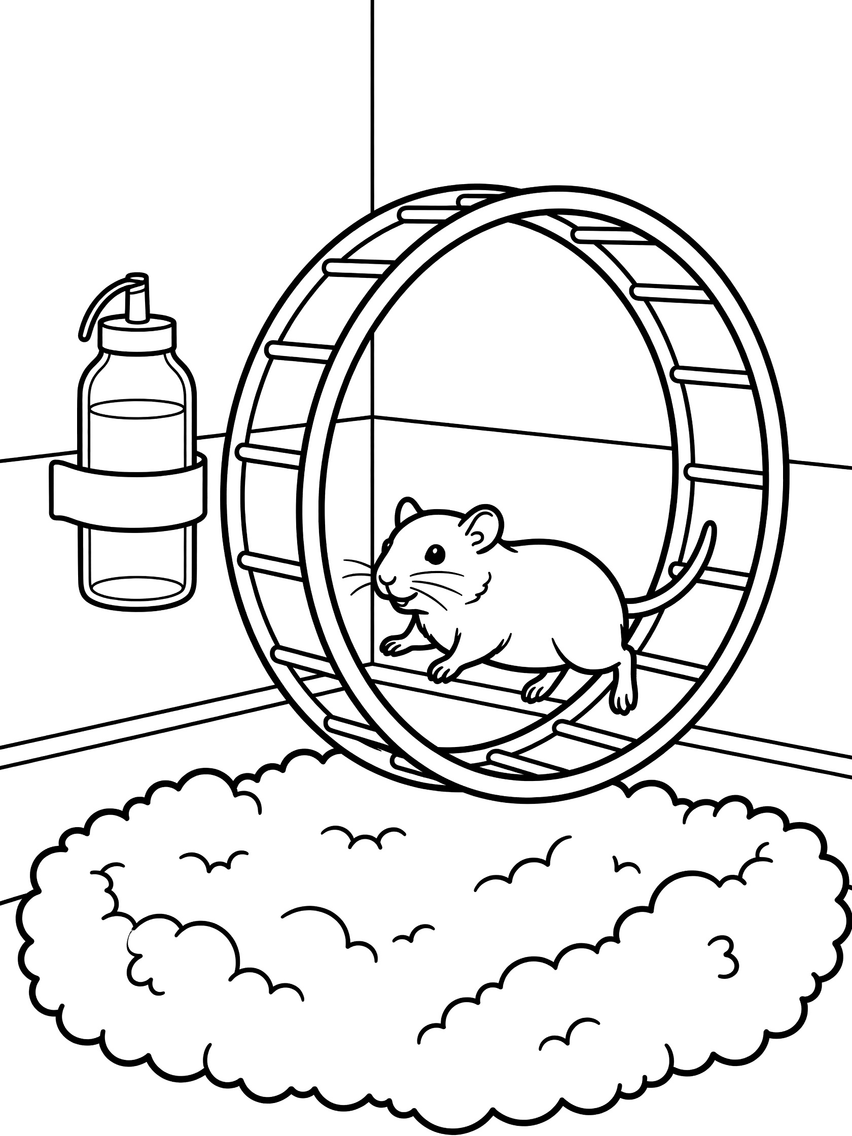 Black and white line art coloring page showing a hamster running inside a large exercise wheel, next to a water bottle and soft bedding area. Gerbil themed black and white printable line art