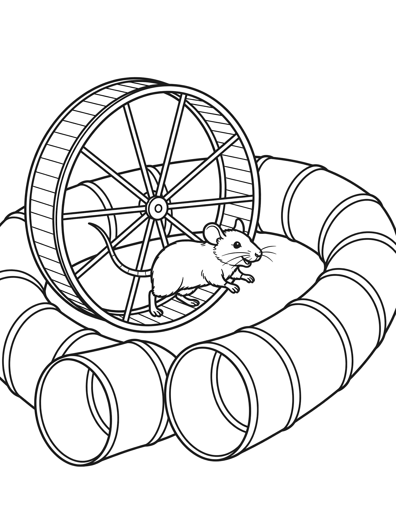 Black and white line art coloring page showing a hamster running inside a large exercise wheel next to curved tunnels. Mouse themed black and white printable line art