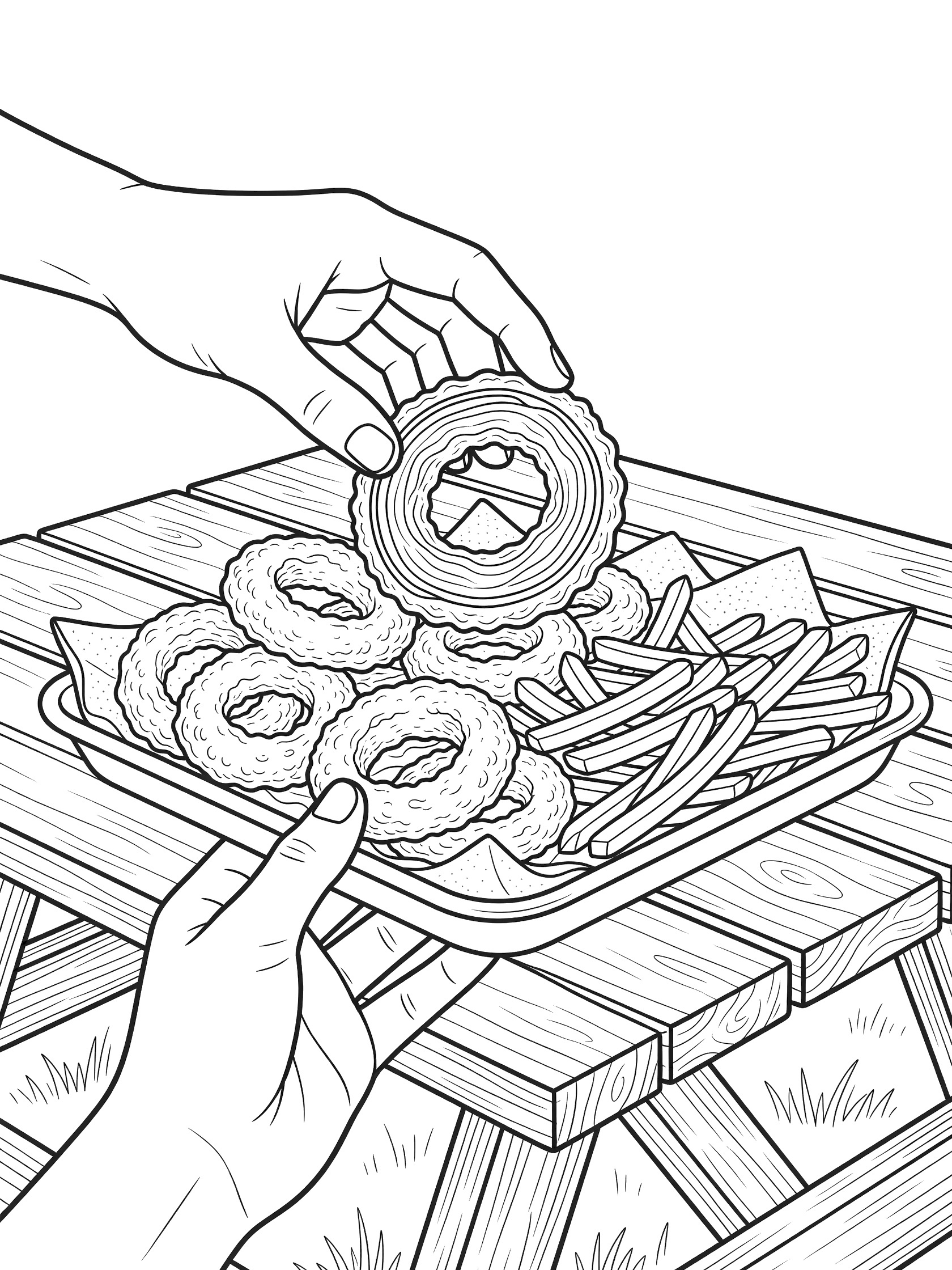 Coloring page showing a hand reaching to grab an onion ring from a tray full of onion rings and french fries on a wooden picnic table with napkins.