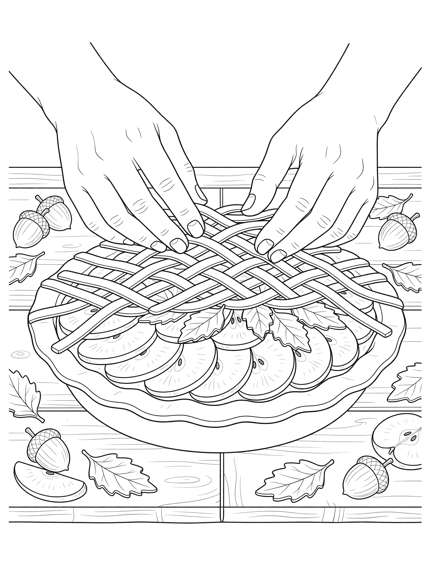 Close-up coloring page of hands making intricate lattice crust on apple pie topped with apple slices and leaves, acorns on wooden table for Thanksgiving.