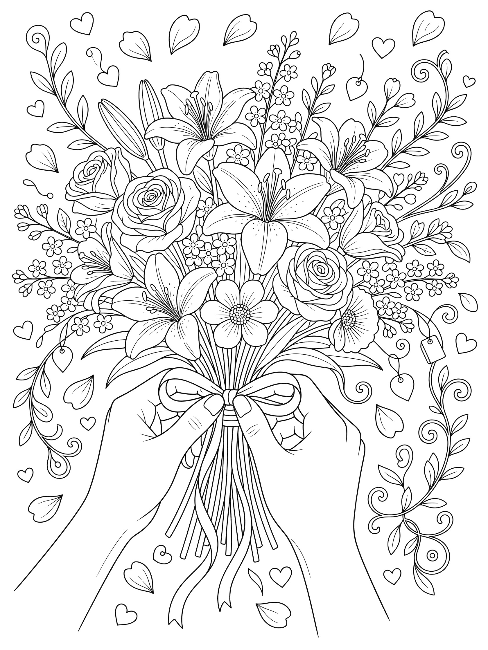 Black and white line art coloring page showing hands tying a ribbon on a bouquet of lilies, roses, and forget-me-nots with scattered petals and hearts.