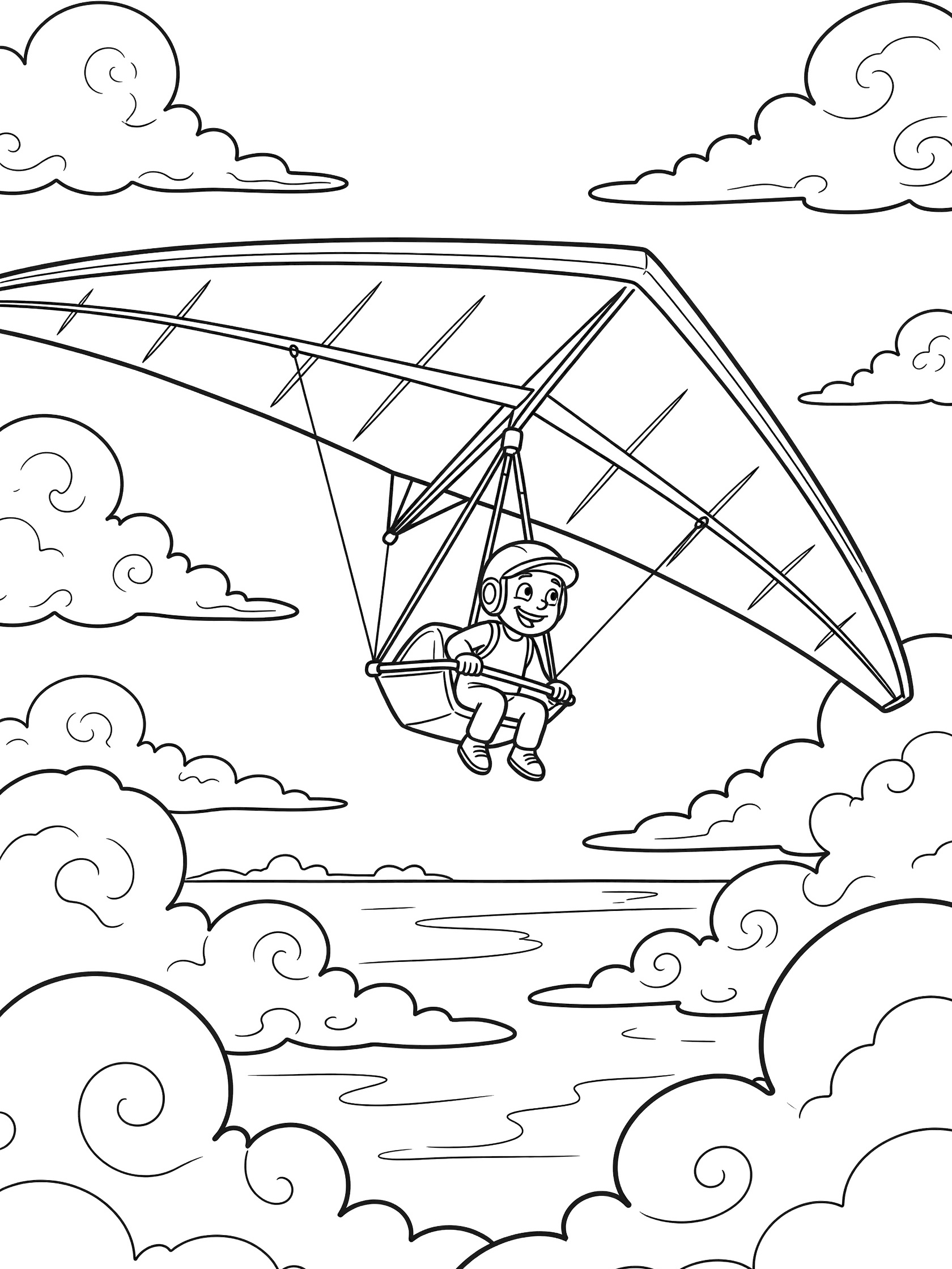 Black and white coloring page showing a hang glider with a smiling pilot soaring dynamically through puffy clouds in a bright sky