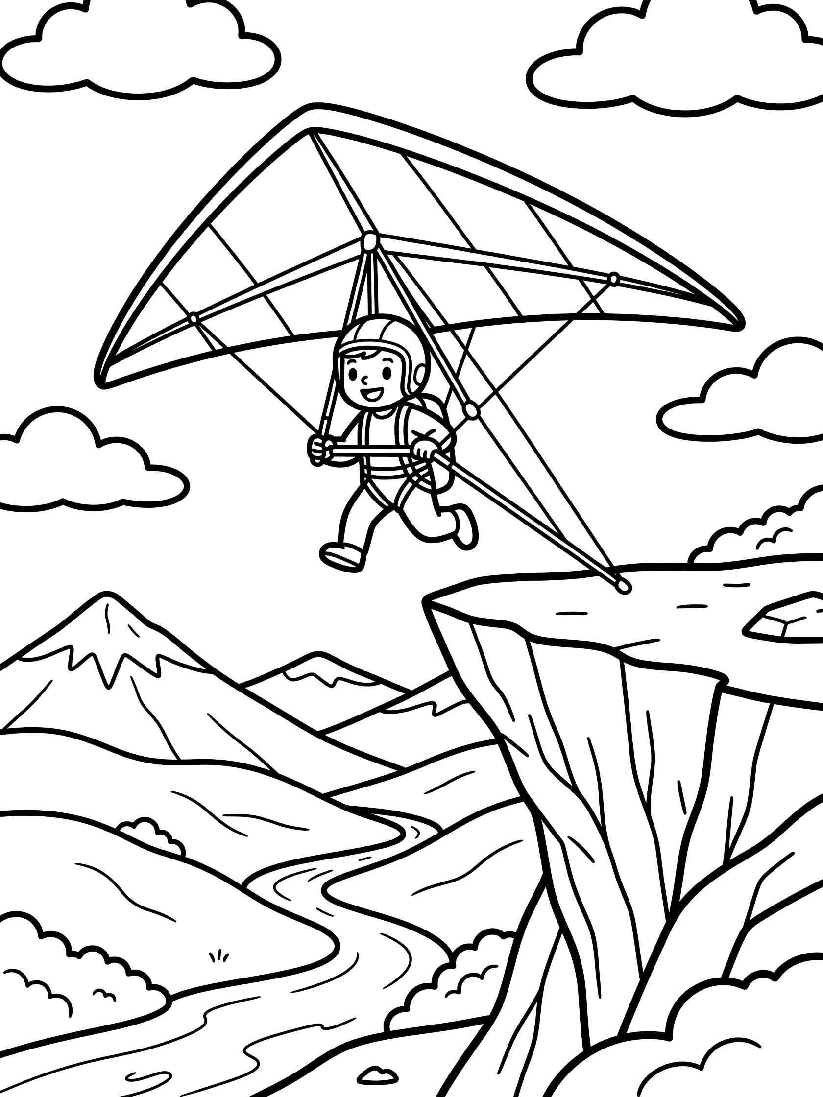 Black and white coloring page of a hang glider with pilot jumping off a steep cliff over green valley, river, hills, mountains, and fluffy clouds.