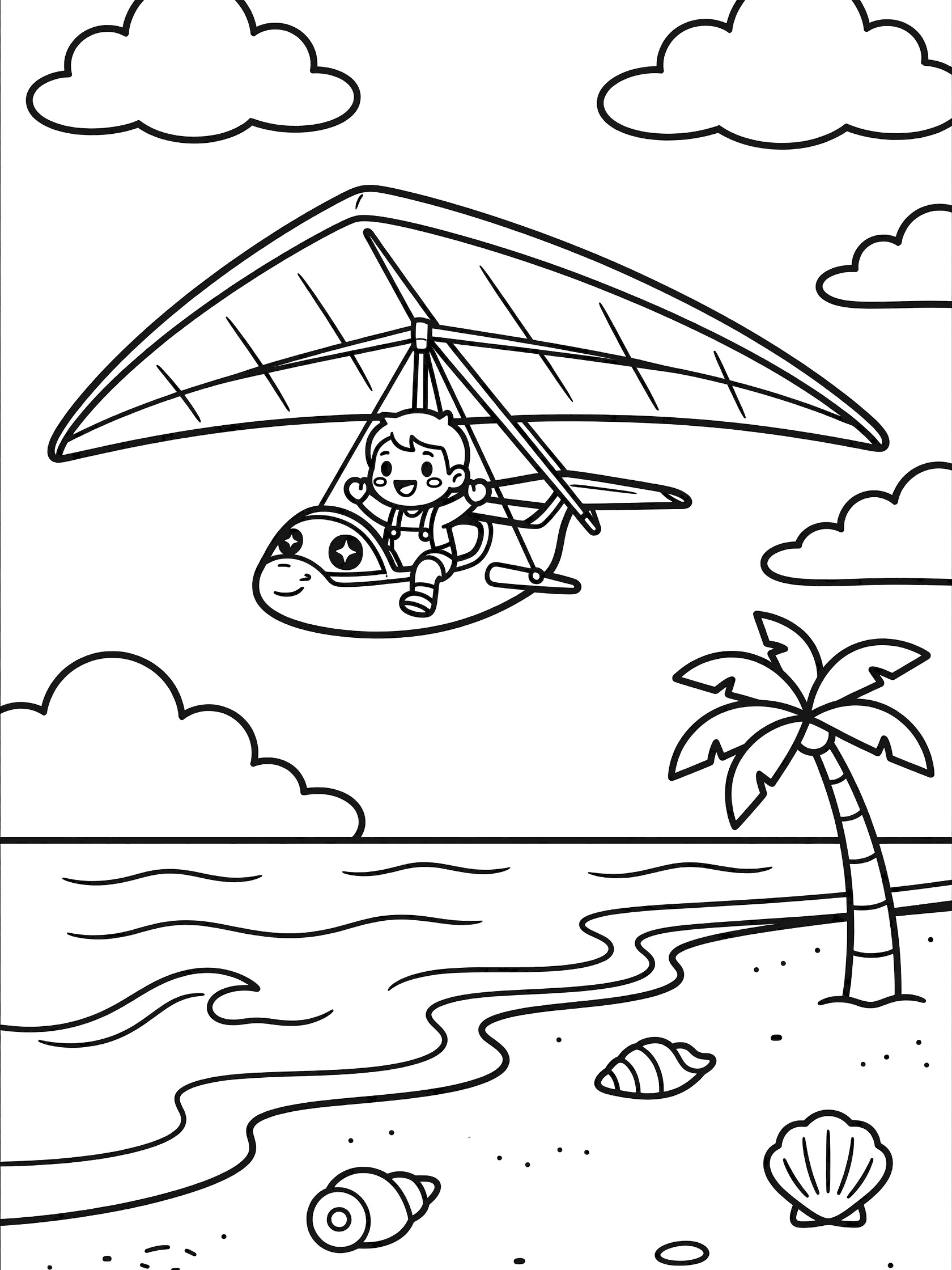 Cute kawaii hang glider coloring page showing pilot gliding over beach with ocean waves, sandy shore, seashells, palm tree, and puffy clouds in the sky