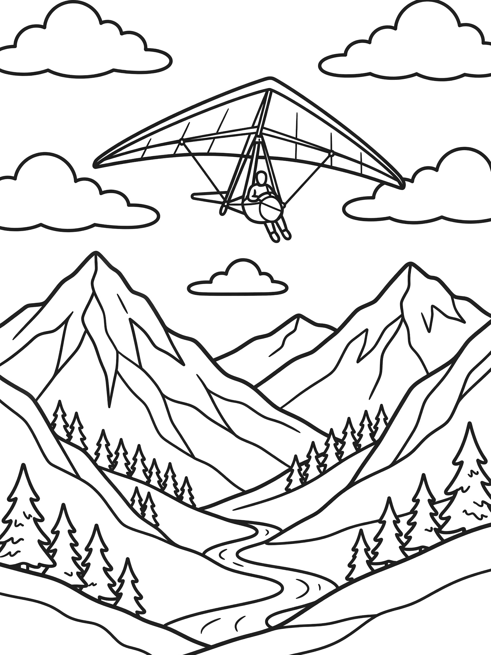 Line art coloring page showing a hang glider with pilot soaring over rugged mountain peaks, valley with pine trees, river, and clouds