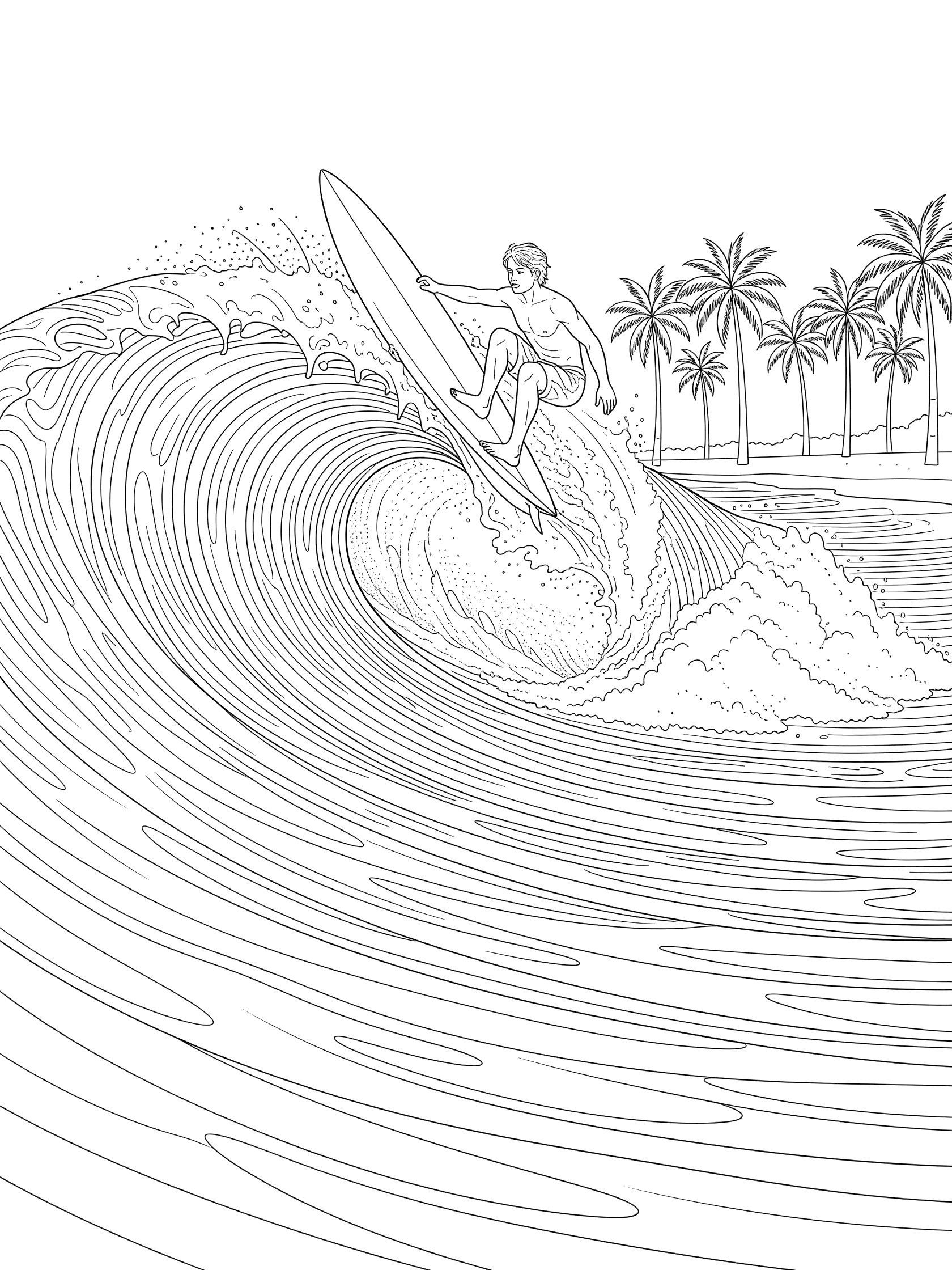 Surfer hanging ten with toes on the nose of a long surfboard riding a big peeling wave, tunnel behind and palm trees on shore, line art coloring page
