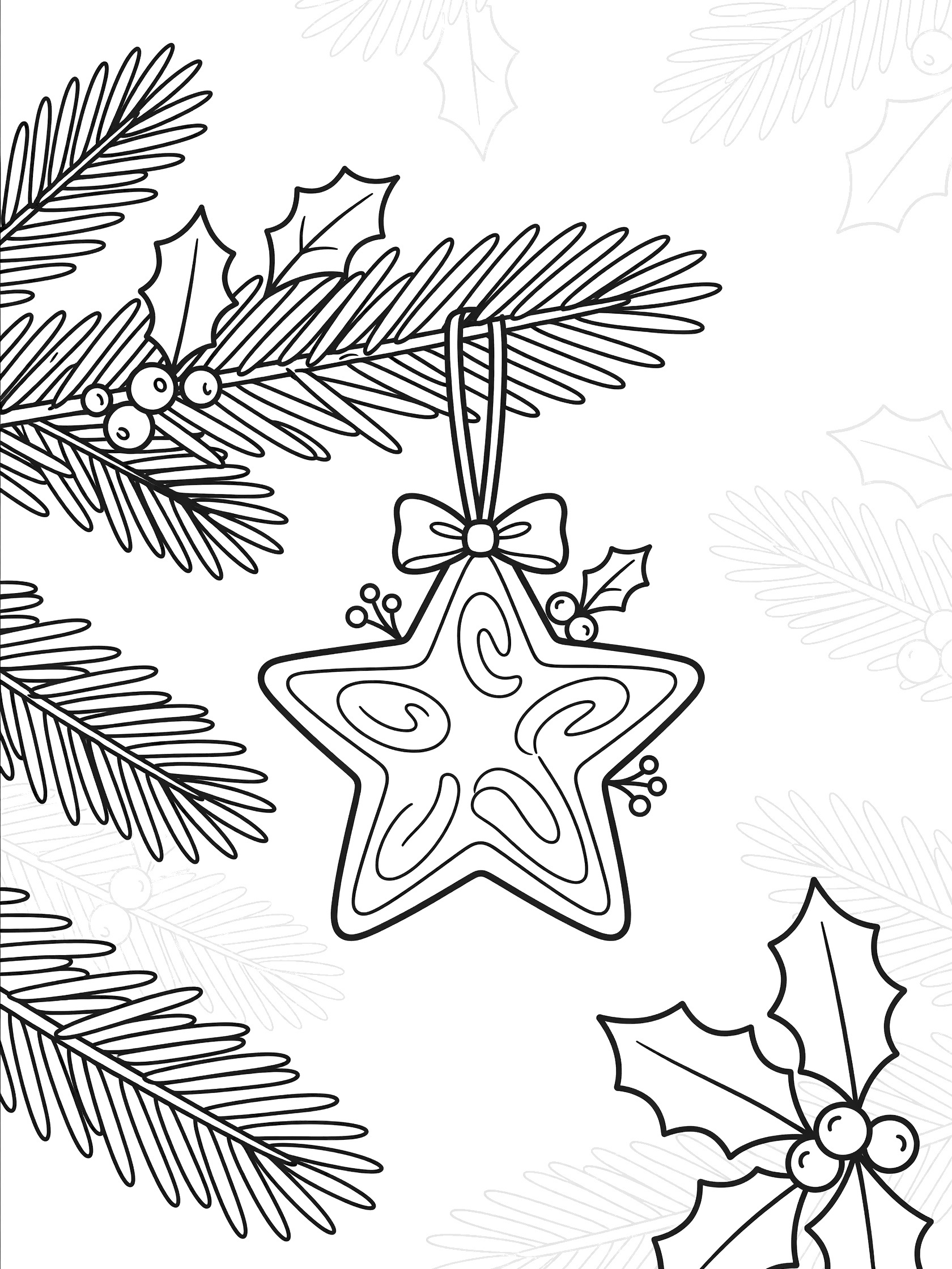 Line art coloring page showing a five-pointed star Christmas ornament with swirling patterns, hanging by a ribbon from a pine branch with holly leaves and berries.